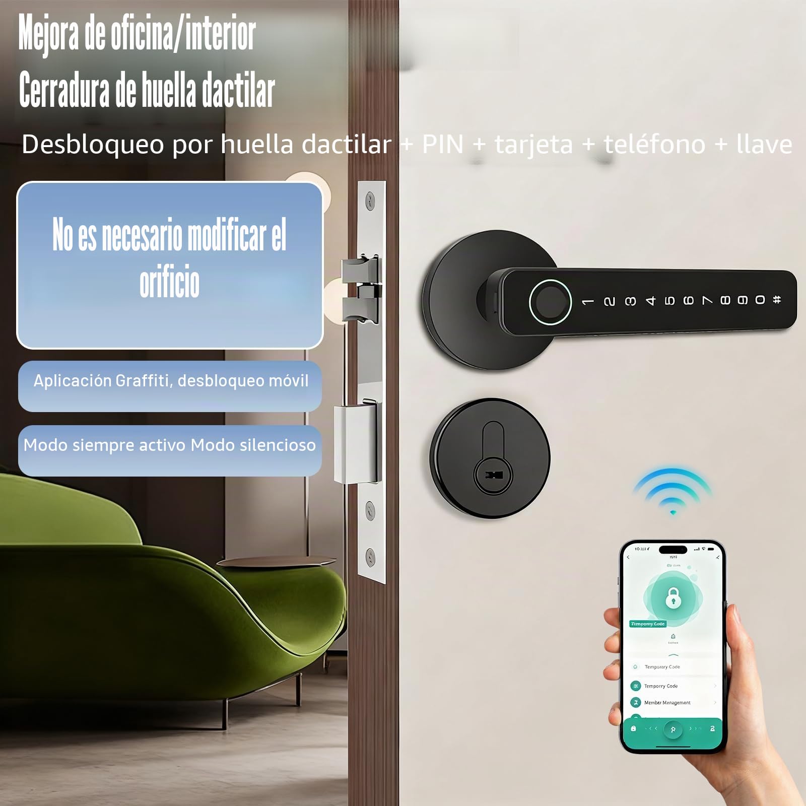 Cerradura de Puerta Inteligente, 5 en 1 Cerradura Electronica Manija de Puerta con Huella Digital, Control Remoto de Aplicación, Tarjeta IC, Código, Llave para Casa, Oficina, Hotel (Circular)