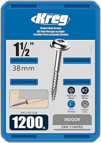 Kreg SML-F150-1200 Tornillos de bolsillo de zinc, rosca fina #7 de 1-12 pulgadas, cabeza Maxi-Loc (1200 unidades)