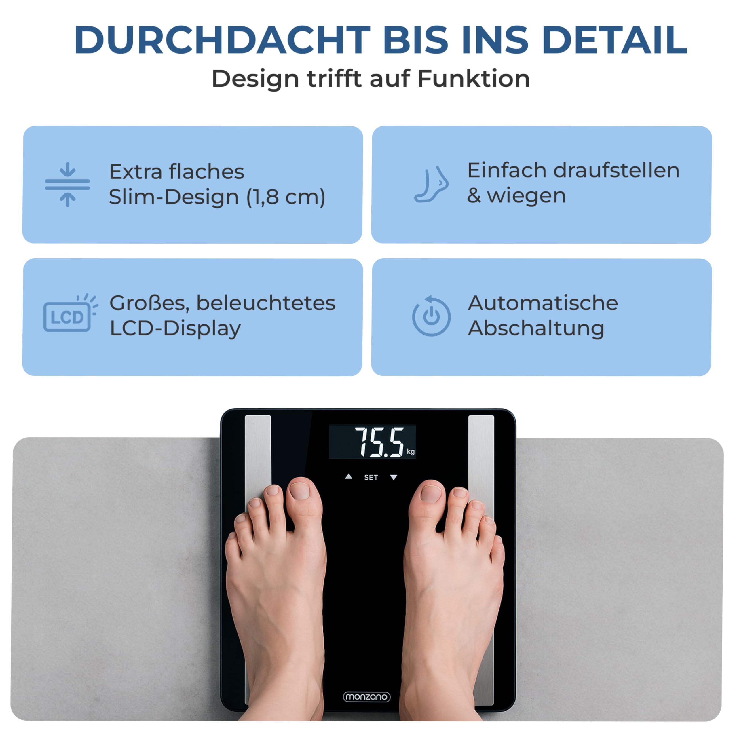 MONZANA® Personenwaage Digital BIA Analyse Waage Körperfett Muskelmasse für 10 Nutzer-Profile Große Trittfläche 30x30cm Fitness Körperwaage bis 180kg