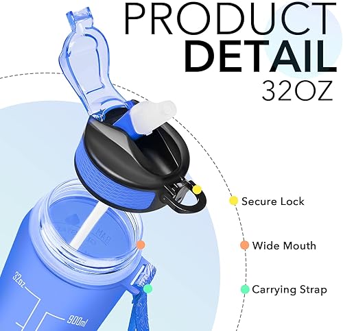 Miniatura 4 de Hyeta - Botellas de agua de 32 onzas con tiempos para beber y sorbete, botella de agua motivacional con marcador de tiempo, a prueba de fugas,
