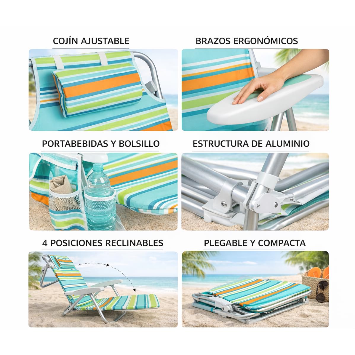Acomoda Textil - Silla Plegable de Playa y Camping de Aluminio con Respaldo Reclinable. Silla Baja Compacta con Brazos Ergonómicos, Correa Transporte y Estructura Ligera de Exterior. (69X65X17/75 CM)