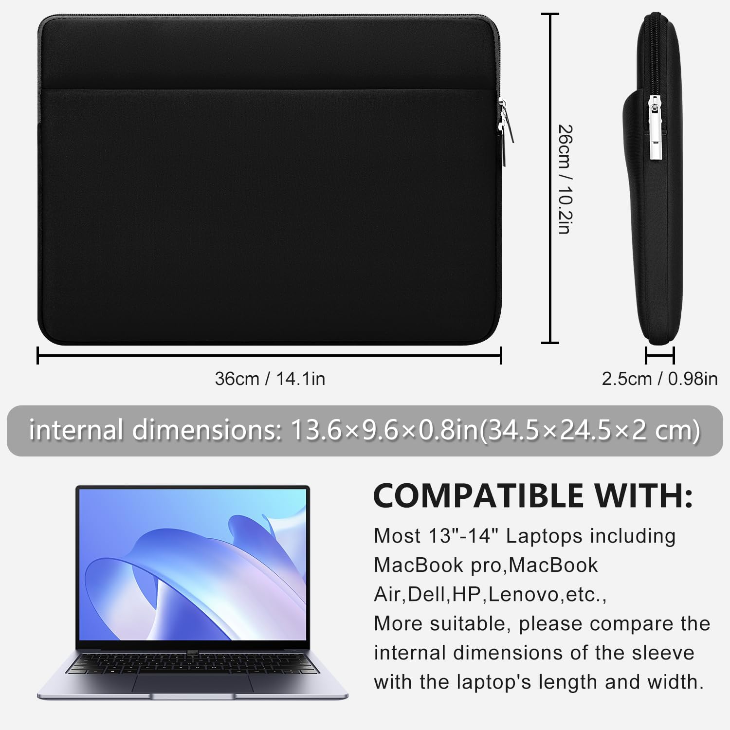 Laptop Sleeve Case Compatible with 13 to 14 inches MacBook Air/Pro HP Lenovo Asus Protective Portable Case with Front Pocket Padded Computer Pouch Cover Protective for 13” to 14” Laptop,Black