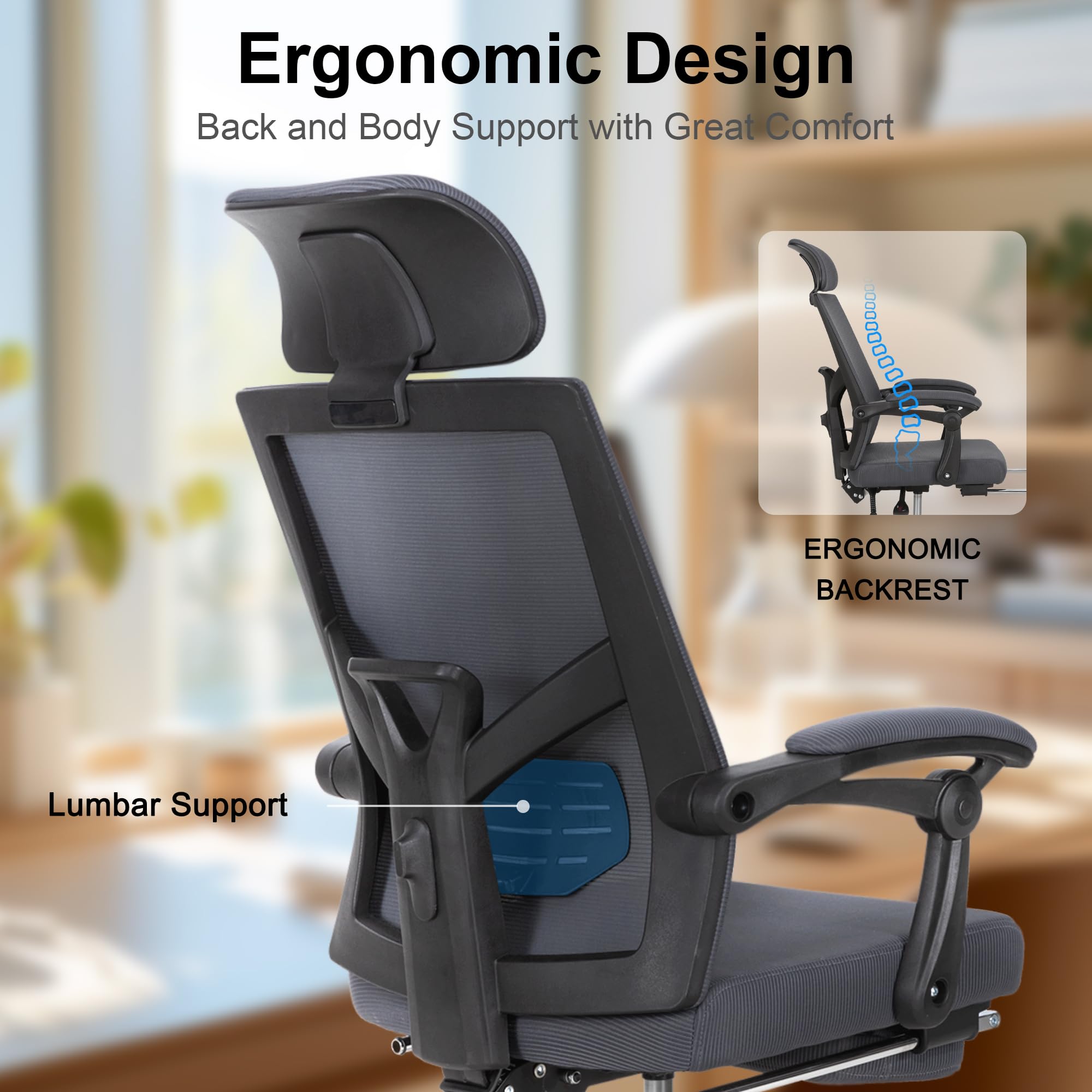 UEV Silla de Oficina Ergonómica con Reposapiés, Silla de Escritorio con Reposacabezas Ajustable, Soporte Lumbar, Regulable en Altura, Inclinable, hasta 136 kg, Tejido Transpirable, Gris