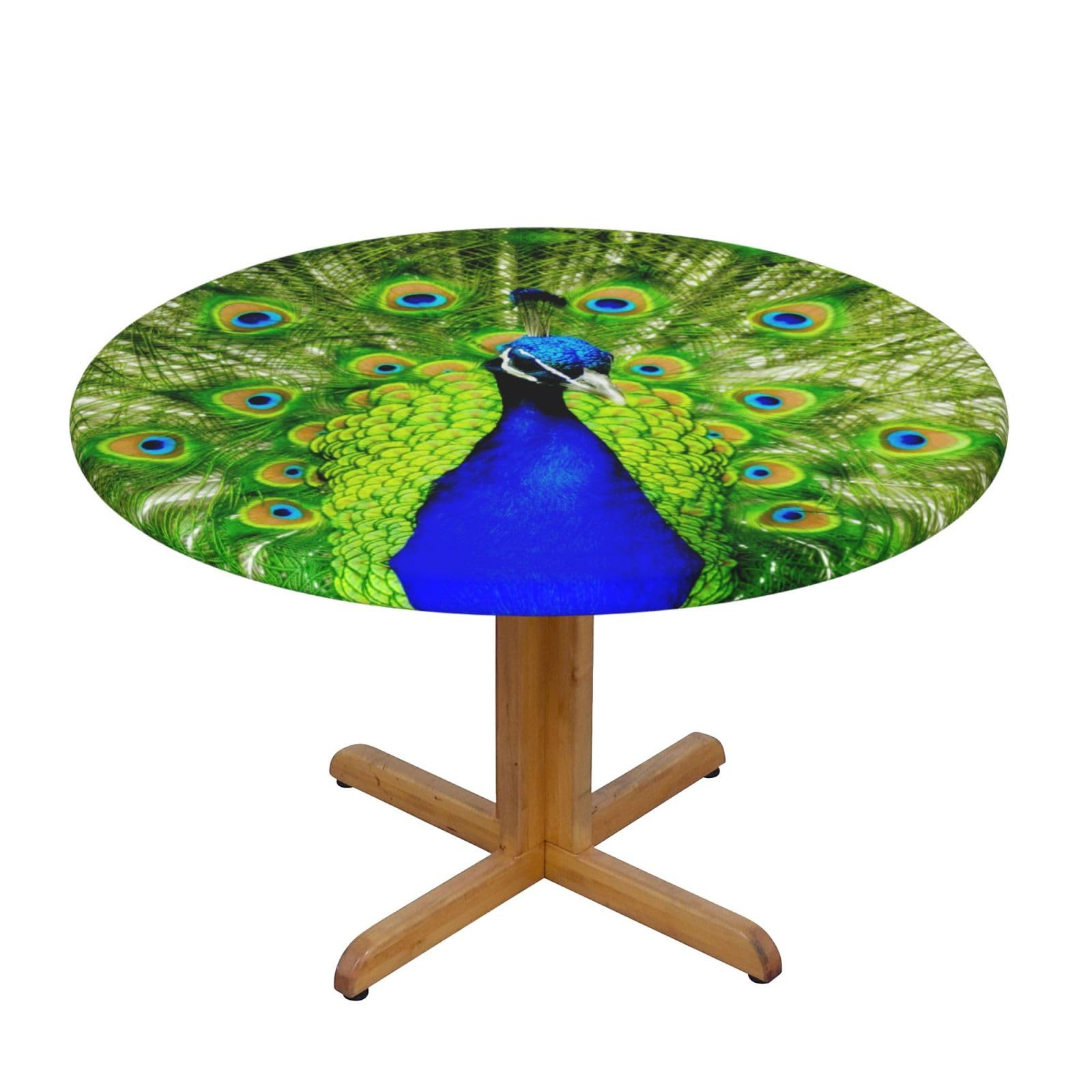ESNAIUVCD Blue Peacock print Waterproof Round Tablecloth,Outdoor Table Cloth with Elastic Edged, Elastic Tablecloth Wipeable, Garden Table Cloth Suitable for sizes 90cm-140cm