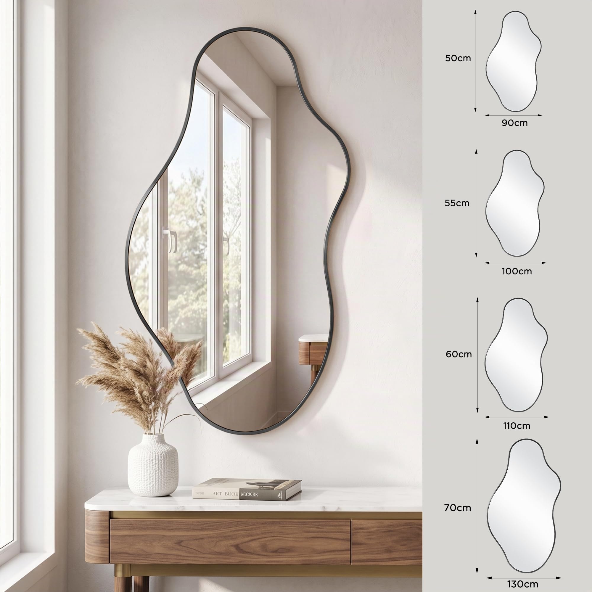 Espejo de Pared Ondulado Irregular, Espejo Abstracto con Marco de Aleación de Aluminio Calidad Aeronáutica para Baño, Dormitorio & Entrada