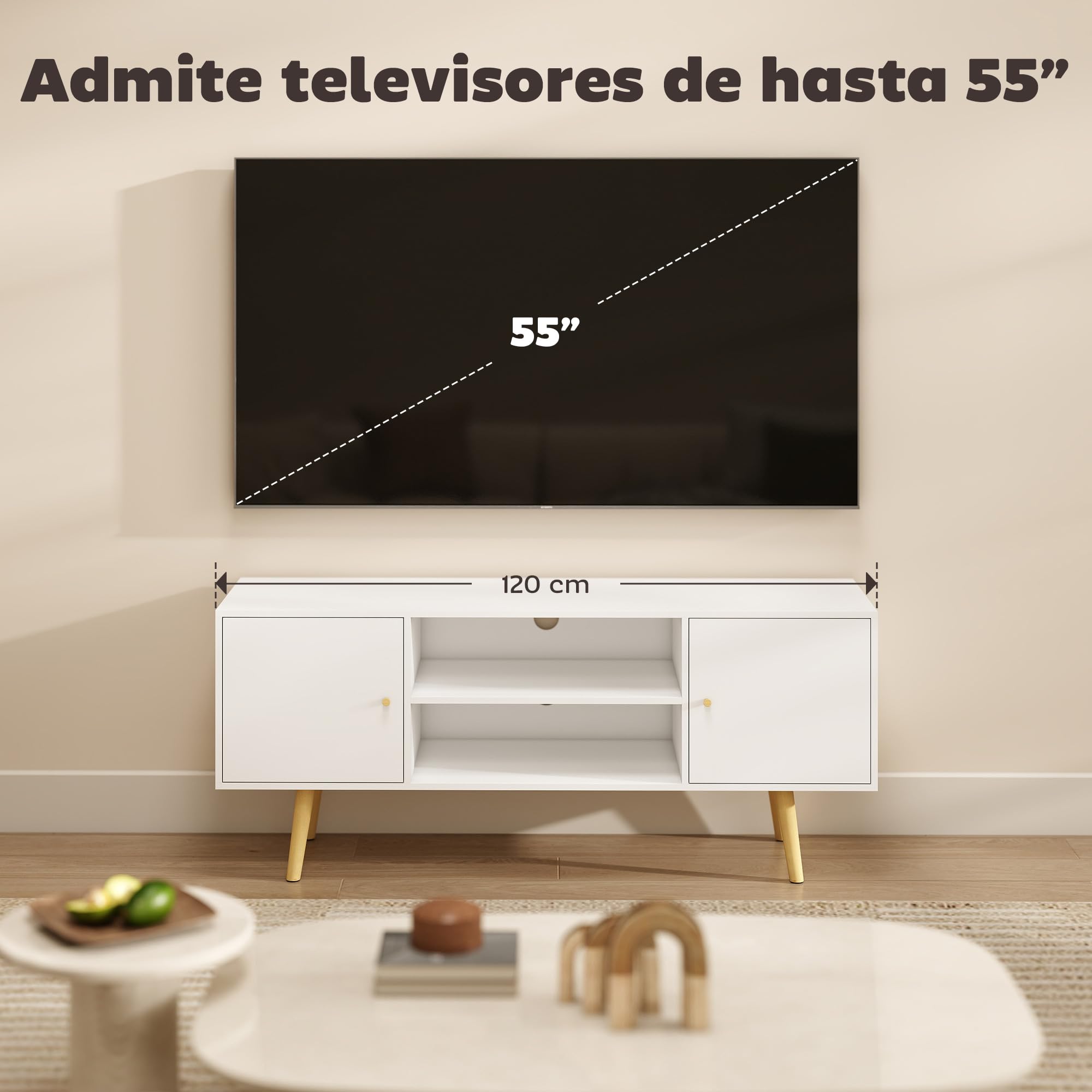 HOMCOM Mueble de TV de Salón con 2 Puertas hasta 55" 120x34x50 cm Blanco | Mesa para TV, 2 Estantes de Almacenamiento, para Dormitorio