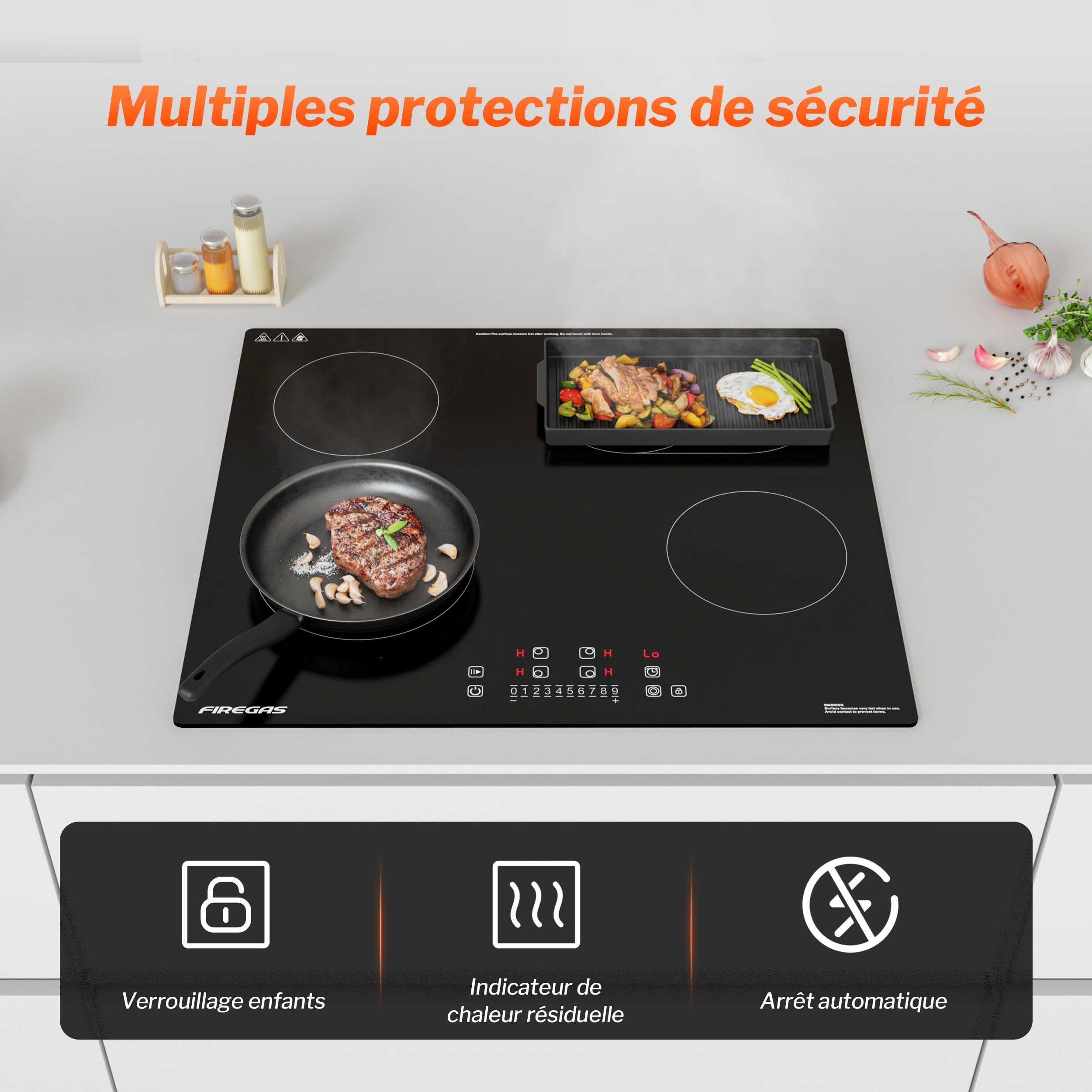 FIREGAS Plaque de Cuisson Électrique Vitrocéramique 4 Feux Encastrable 7200W Zones Duales Ovales Contrôle Tactile Minuteur
