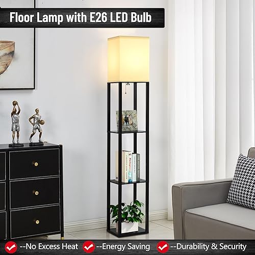 Miniatura 5 de Lámpara de pie con estantes, lámparas de pie modernas de 3 niveles para sala de estar, lámpara de pie con bombilla de temperatura de 3 colores,