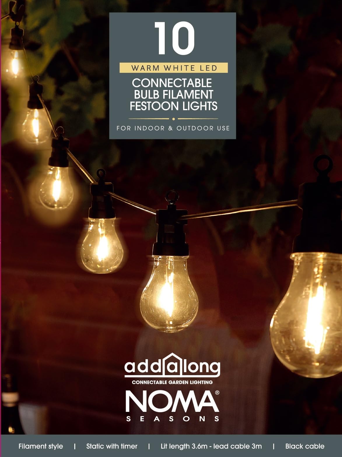 Noma Connectable Bulb Festoon Garden Lights, 10 Warm White LED's, 6.8 m, 6.8 meters