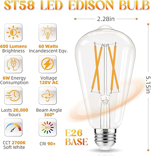 Miniatura 2 de Edison Bulbs, bombilla LED E26 equivalente a 60 vatios, no regulable, blanco suave de 2700 K, bombillas vintage ST58, 90+ CRI, 6 W 600 LM, base