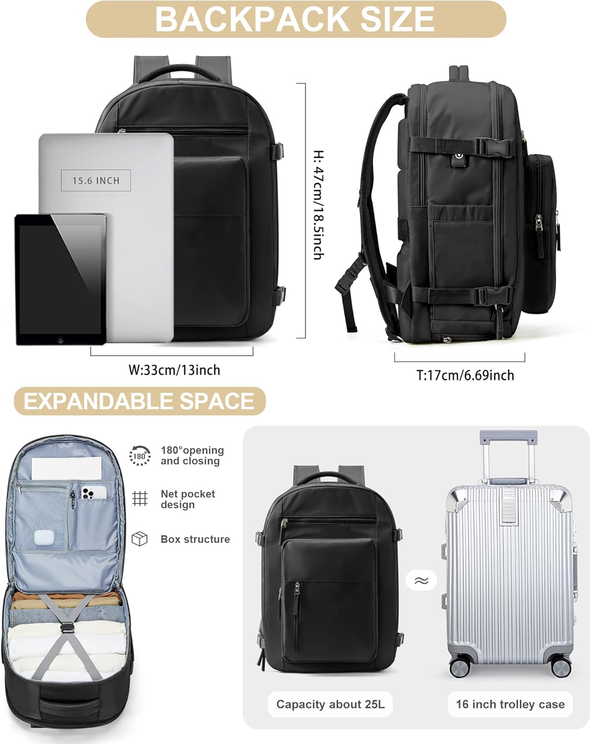 Black Travel Backpack For Women Men Carry On Backpack Flight Approved Travel Bag Personal Item Waterproof Luggage Backpack With Shoe & Laptop Compartment