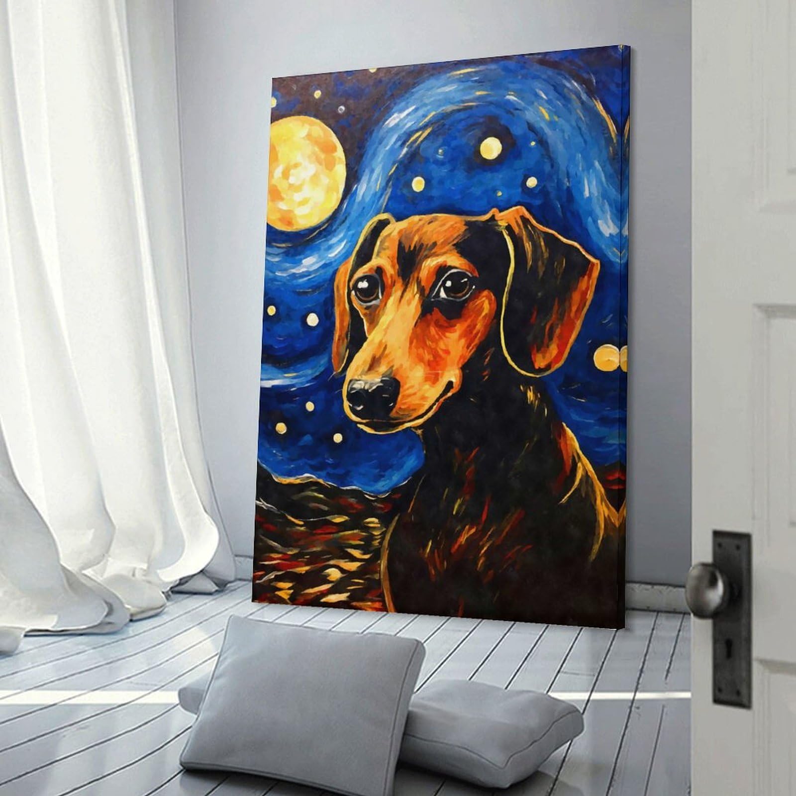 Junmoney Frame-Style-16 Hanging Wall Art Dachshund Starry Night, 20X30inch(50X75cm), For Gallery Wall Layouts In Home Or Office, An Easy Match For Collected Prints
