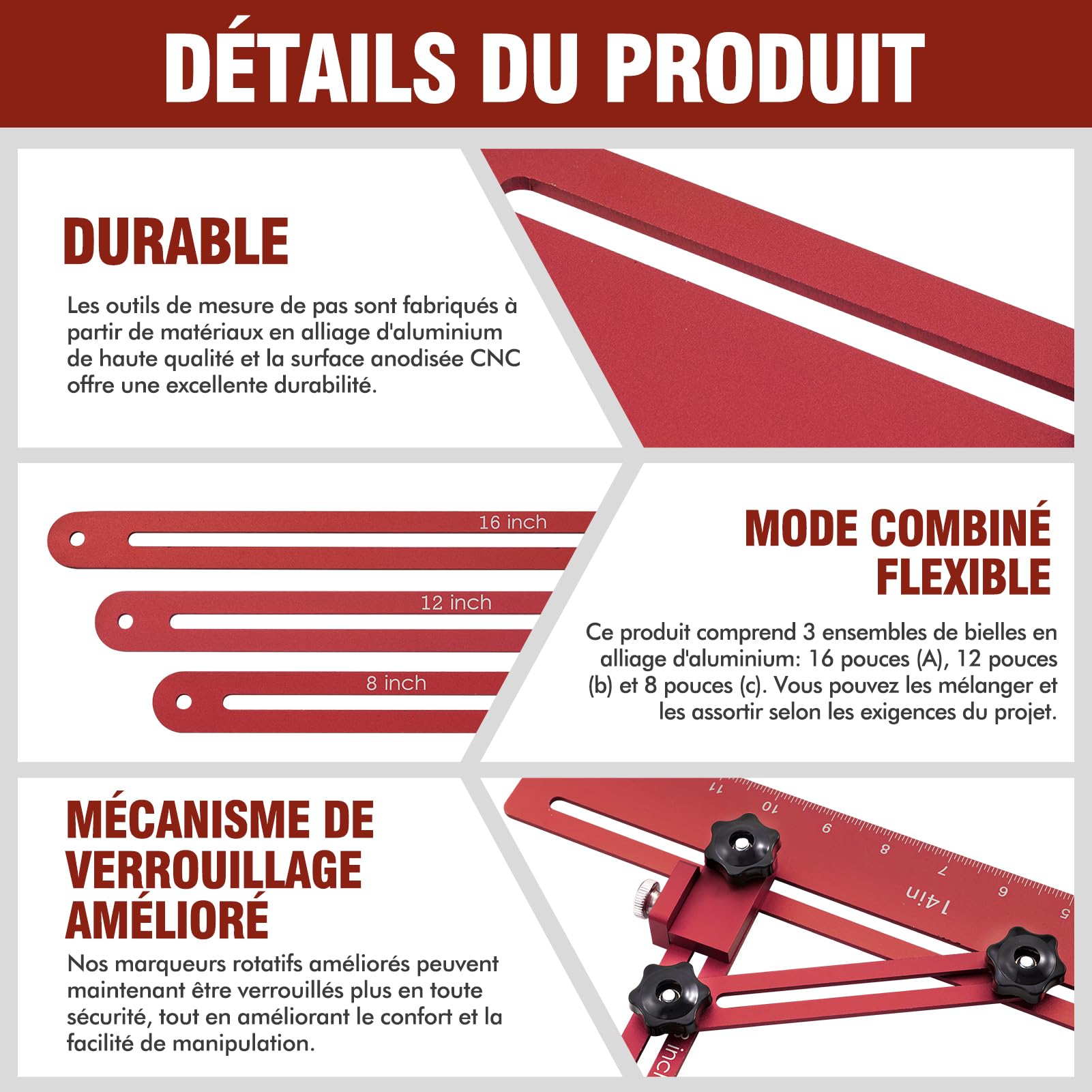 Outil de Gabarit de Marche D'escalier, Outil Mesure D'escalier avec Barre Support Auxiliaire et Sac Rangement, pour Supports D'escalier Cloisons (Longueur Réglable 10,5 à 60,5 in)
