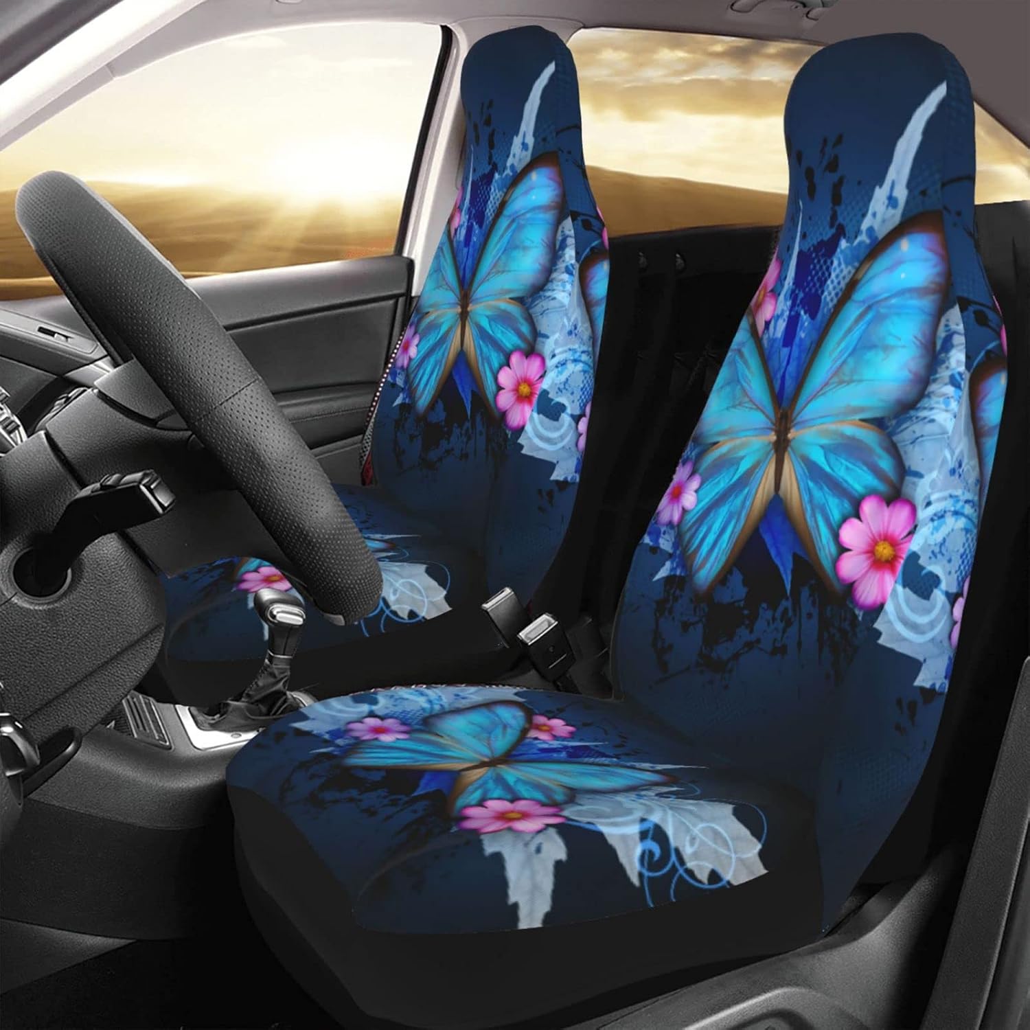 Koliocaa Butterfly Car Seat Cover 2 Pcs Car Seat Covers Front Seats Only Blue Butterfly Car Accessories for Women