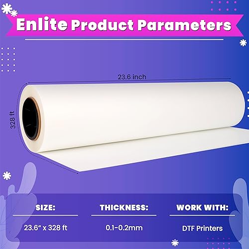 Miniatura 2 de Enlite Rollo de película de transferencia DTF de 23.6 pulgadas x 328 pies, película de PET con revestimiento a base de agua de un solo lado para