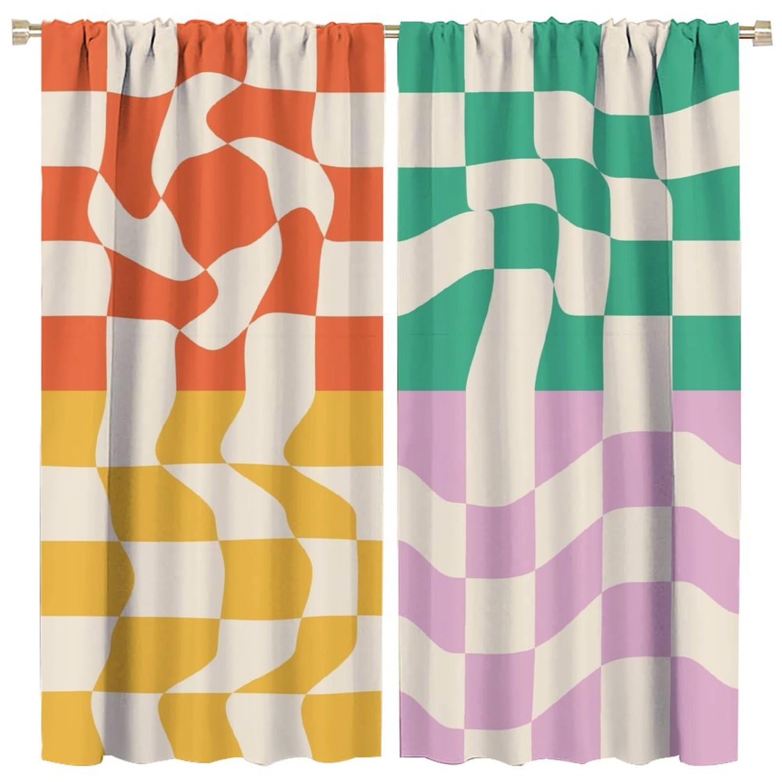 Vintage Colorful Brick Block Curtains, Hippie Funny Groovy 70s Retro Abstract Wave Checkered Patchwork Window Treatments, Blackout Rod Pocket for Living Room Bedroom Bathroom (21x63in) x2 Panels