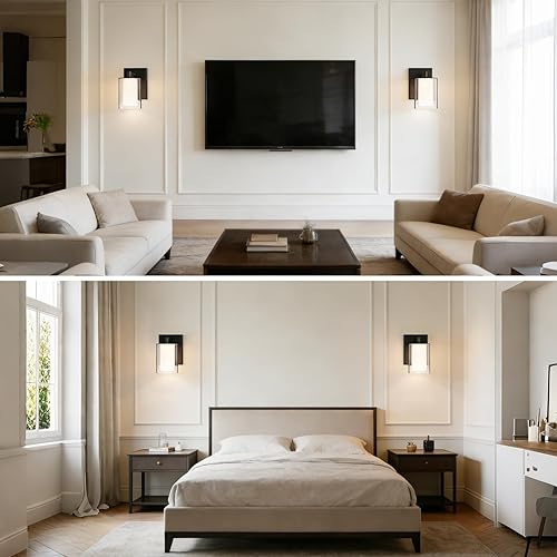 Miniatura 4 de Kalium Juego de apliques de pared de dos piezas, luces de tocador modernas con pantalla de vidrio transparente doble en negro mate para interiores,