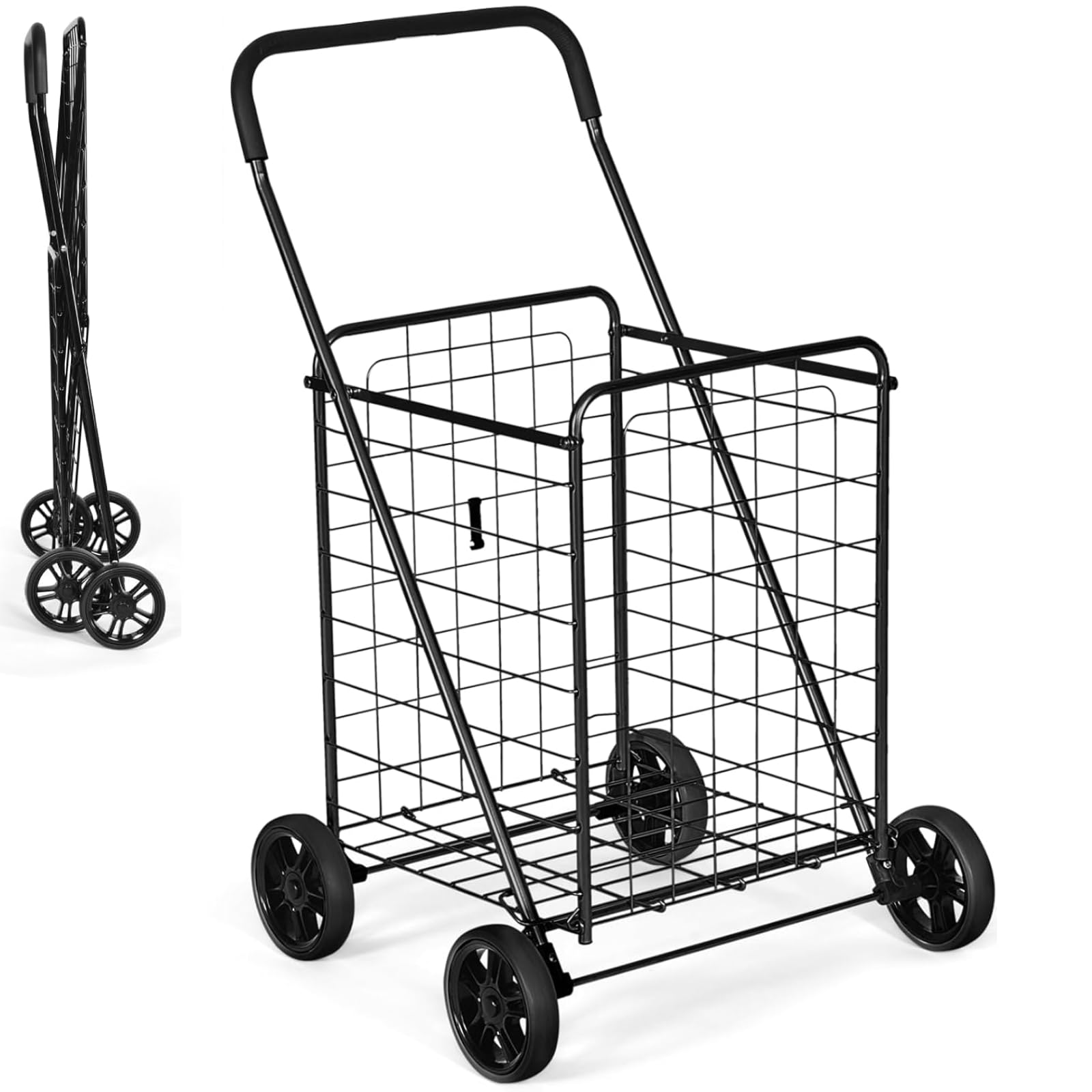 Shopping Cart on Wheels, Folding Metal Grocery Trolley with Foam-wrapped Handle, Heavy-duty Utility Cart for Supermarket Warehouse Laundry (Black)