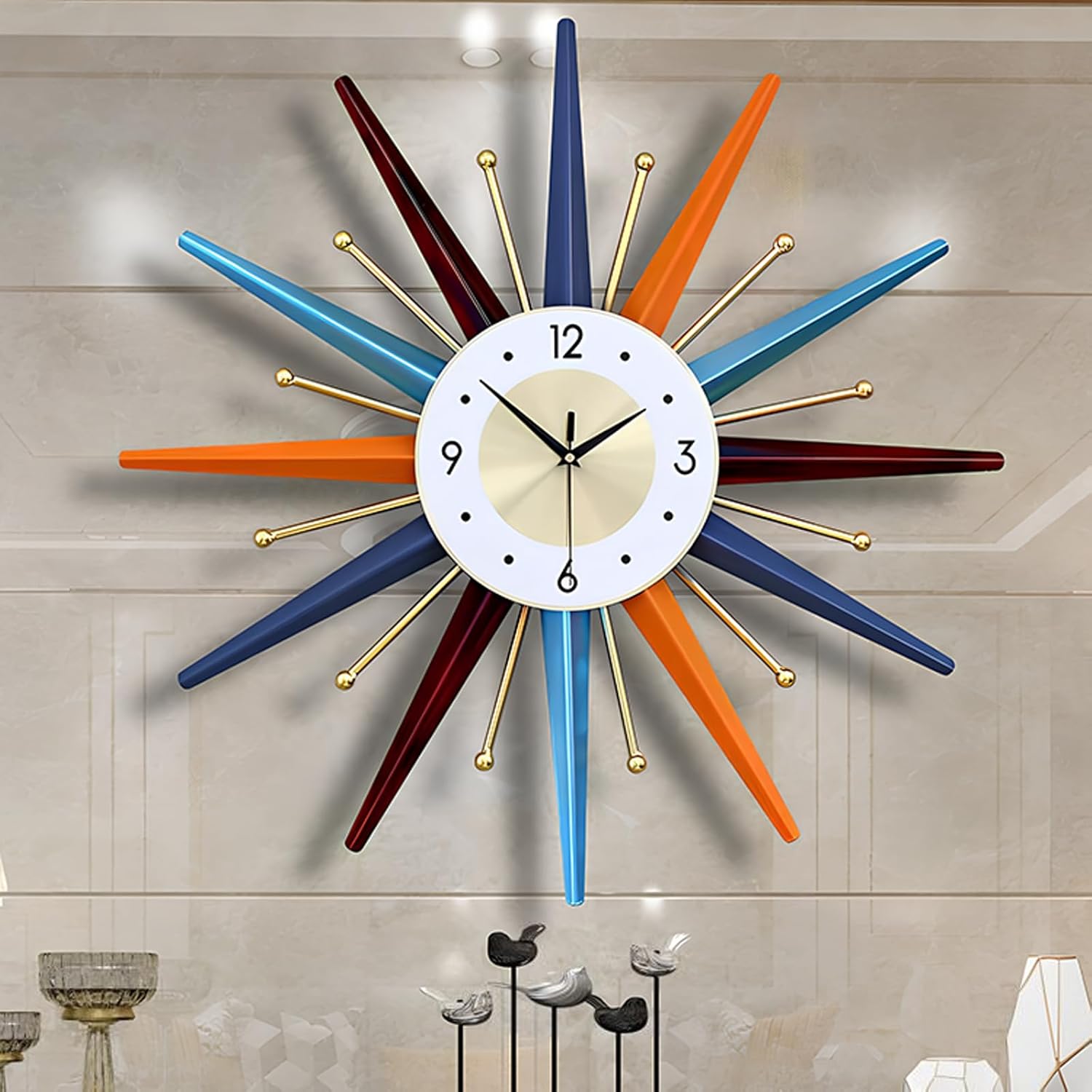 22-Inch Large Starburst Wall Clock – Mid-Century Modern Decorative Wall Clock, Silent Non-Ticking Quartz Movement, Battery Operated Colorful Clock for Living Room, Bedroom, Kitchen & Office