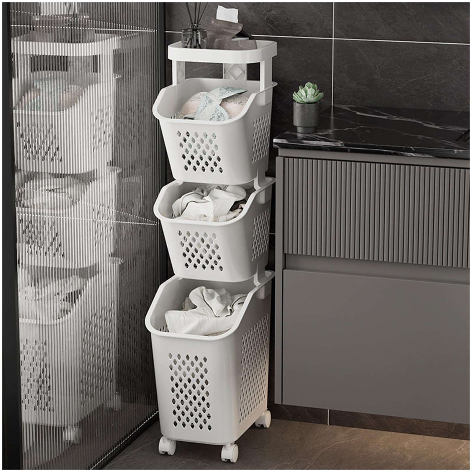 Panier à linge à roulettes multi-niveaux hauteur 99,2 cm avec étagère de rangement