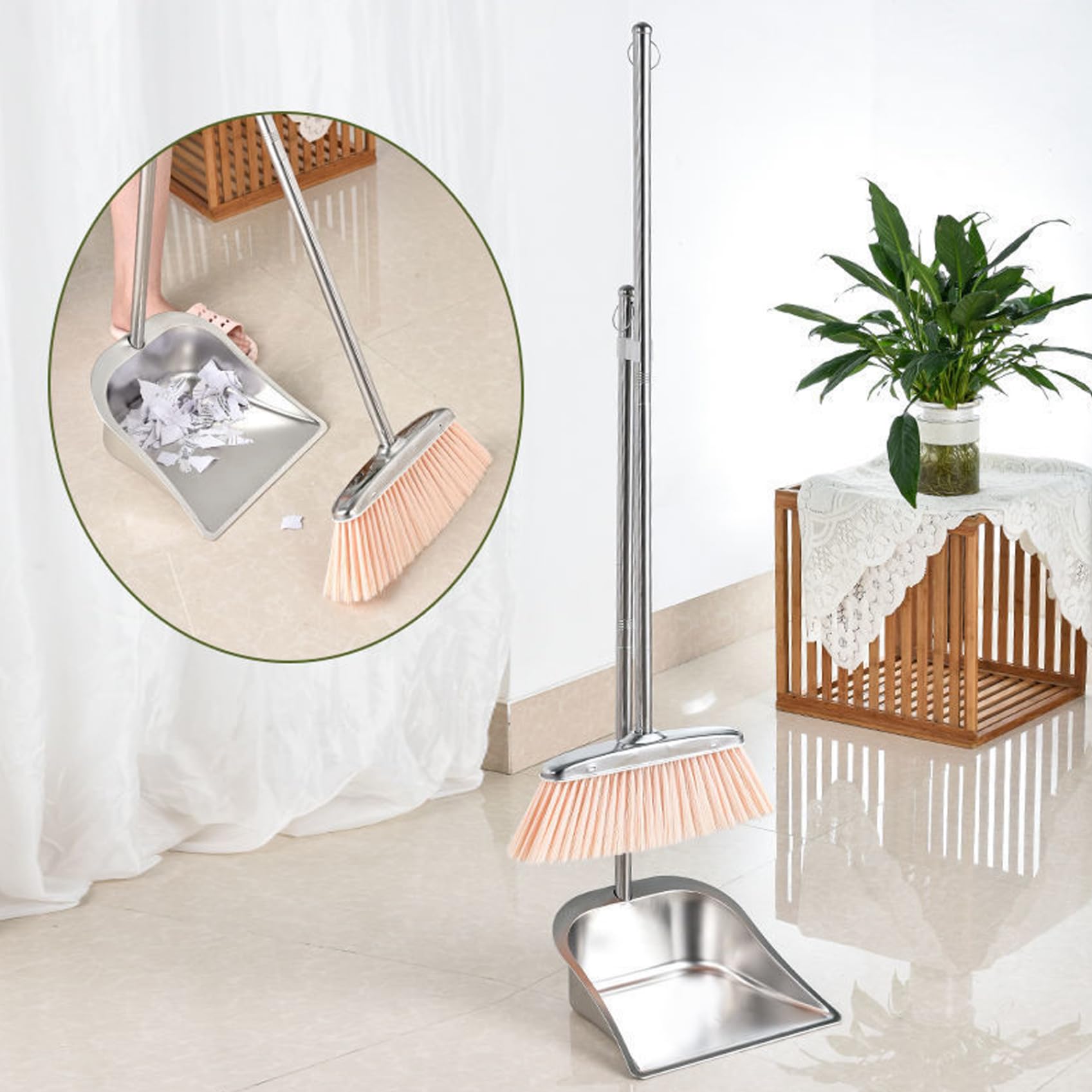 Juegos de recogedor y Cepillo Recogedor y Cepillo de Mango Largo de Acero Inoxidable Barrido Vertical Resistente con aro Colgante para Limpieza Interior del hogar Forma Cuadrada