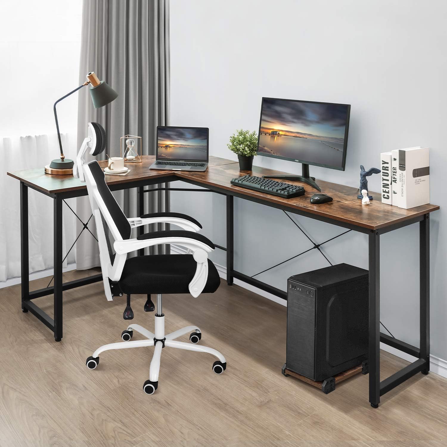 Großer L-Förmiger Gaming-Schreibtisch – 167x120 Cm, Verstellbar, Mit CPU-Ständer & Haken, Vintage Braun