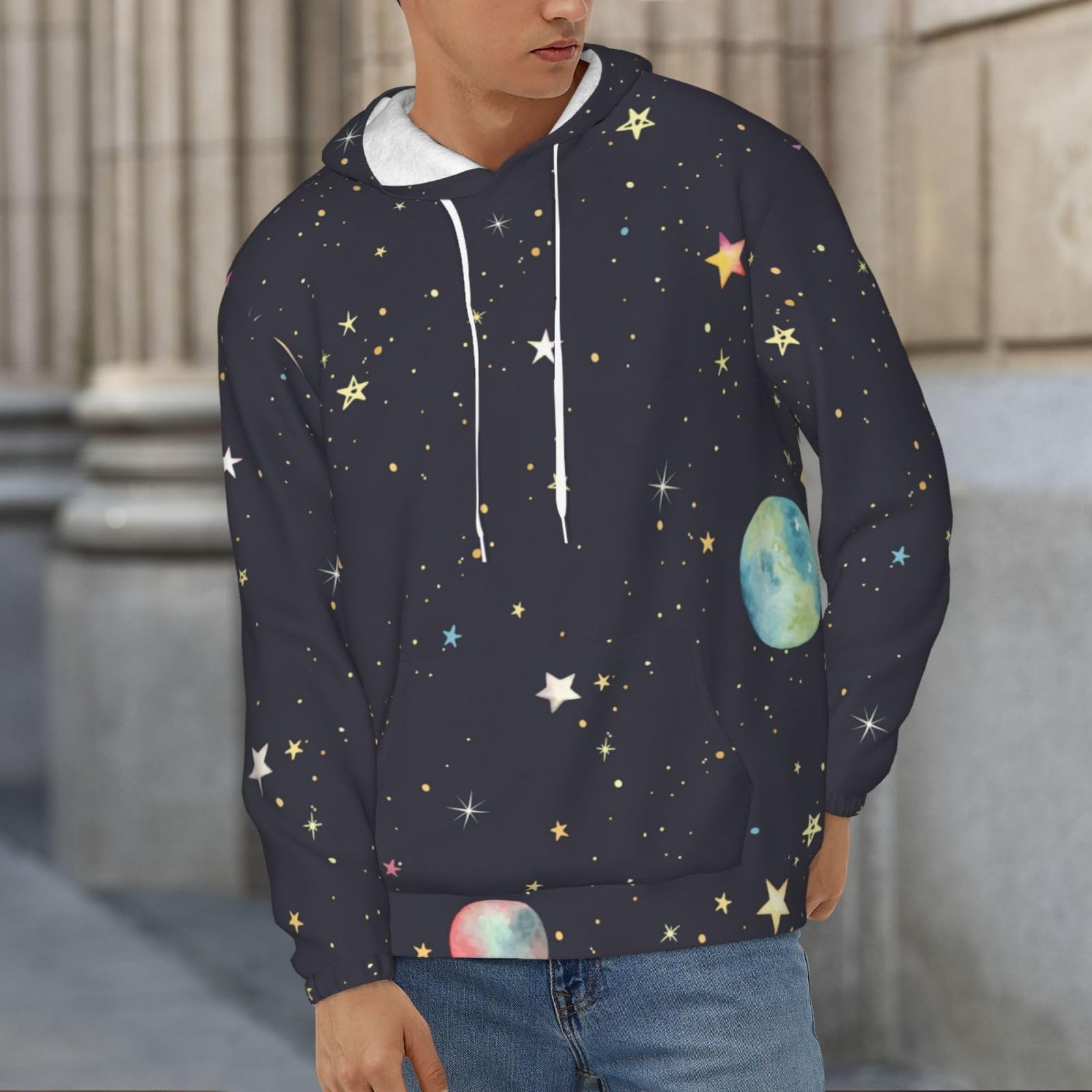 Męska bluza z kapturem z nadrukiem Galaxy, casualowa grafika z nadrukiem bluzy z kapturem z kieszenią