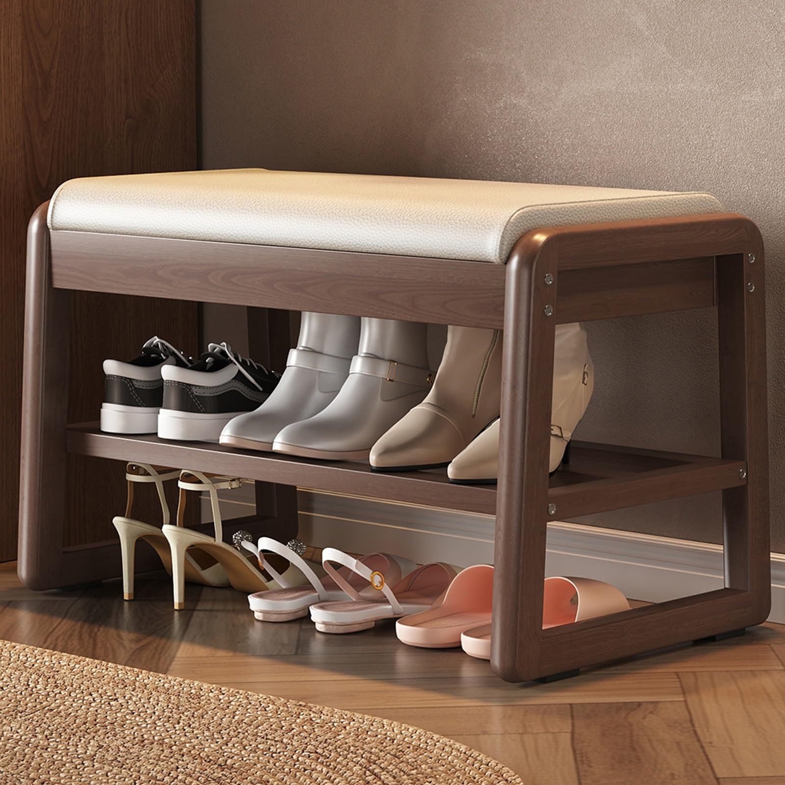 Banc à chaussures en bois à 3 niveaux avec rangement et coussin d'entrée confortable