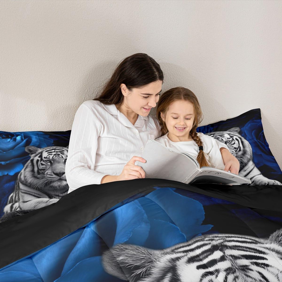Manfei Tiger Print Kids Comforter Set Queen Size,Blue Rose Flowers Dreamy Bedding Set,Girls Boys Adults Room Decor,Abstract Wild Animals Fur Down Comforter,Black Grey Noble Duvet Insert,2 Pillowcases