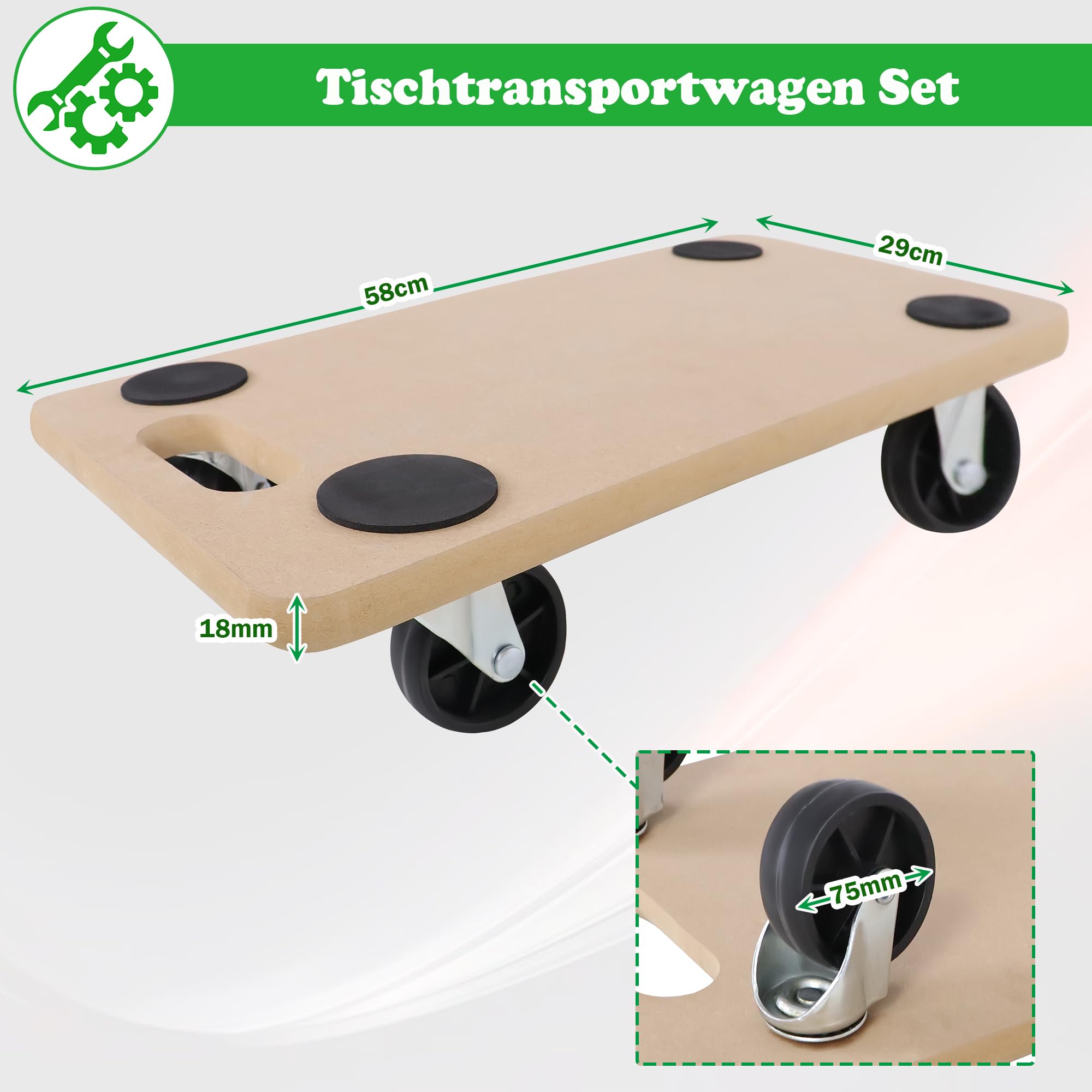 SUBTLETY Lot de 4 Planches à roulettes Chariots de Transport pour Tables 58x29x11cm Pplaque MDF avec Patins Antidérapants Charge Maximale 200KG Aide au Transport pour Meubles, Plantes, Atelier
