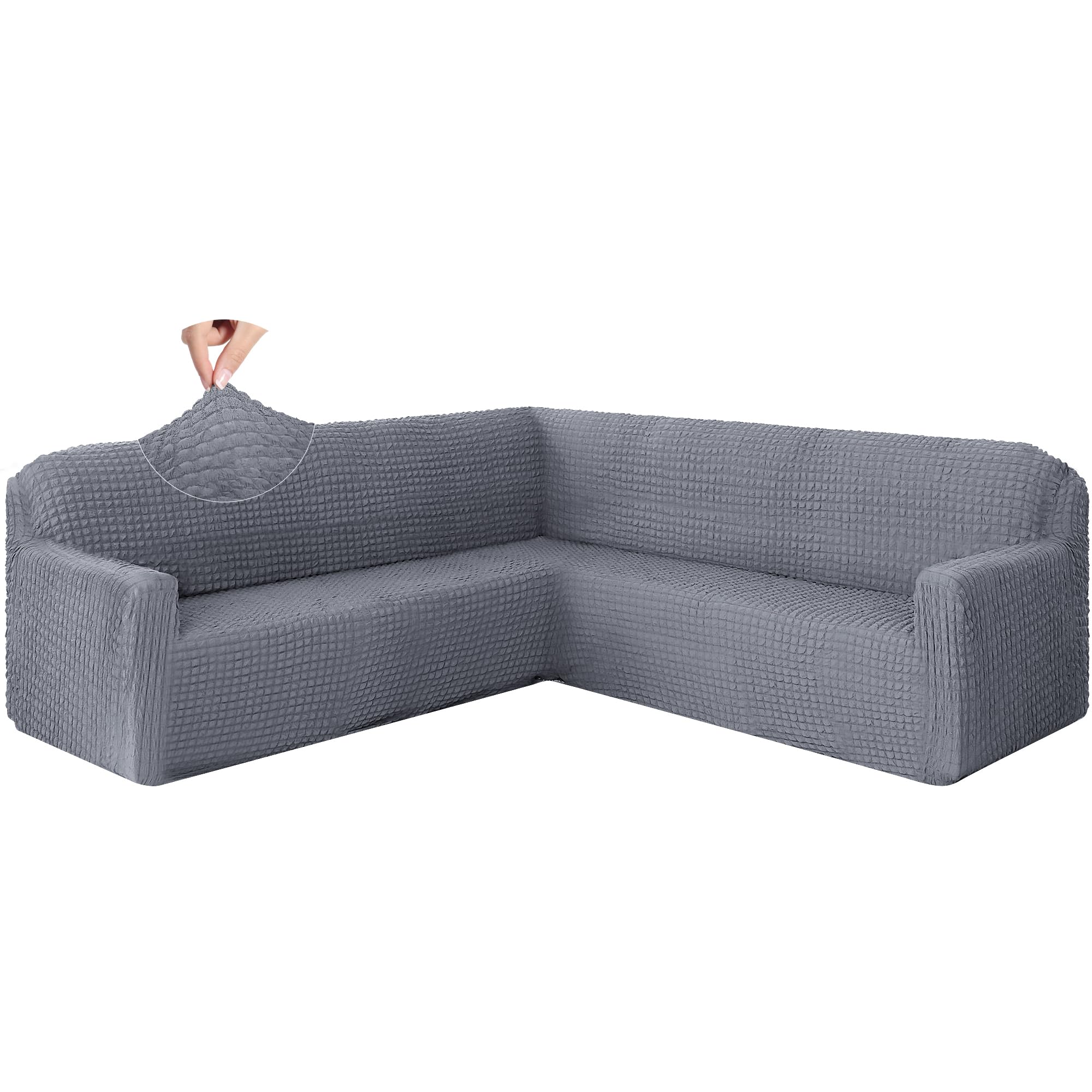HDCAXKJ Sectional Couch Cover L Shape Sofa Covers Washable Stretch Couch Covers for Sectional Sofa 1 Piece Seersucker U Shaped Couch Slipcover Furniture Protector for Pets Dogs (Silvery Gray, X-Large)