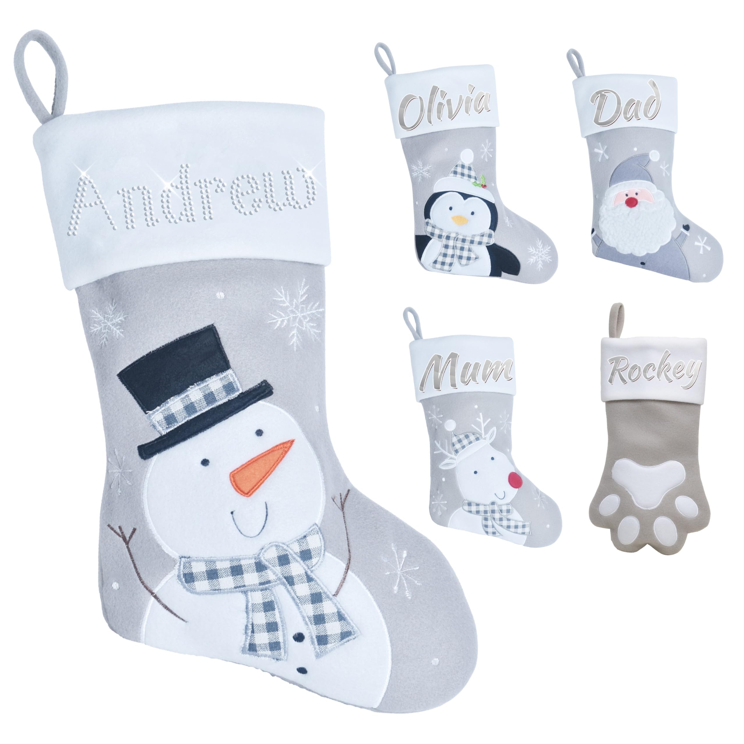 Varsany Premium Personalised Grey Snowman Christmas Stockings – Matching Custom Xmas Stockings For Pets & Family, Name Dog Holiday Christmas