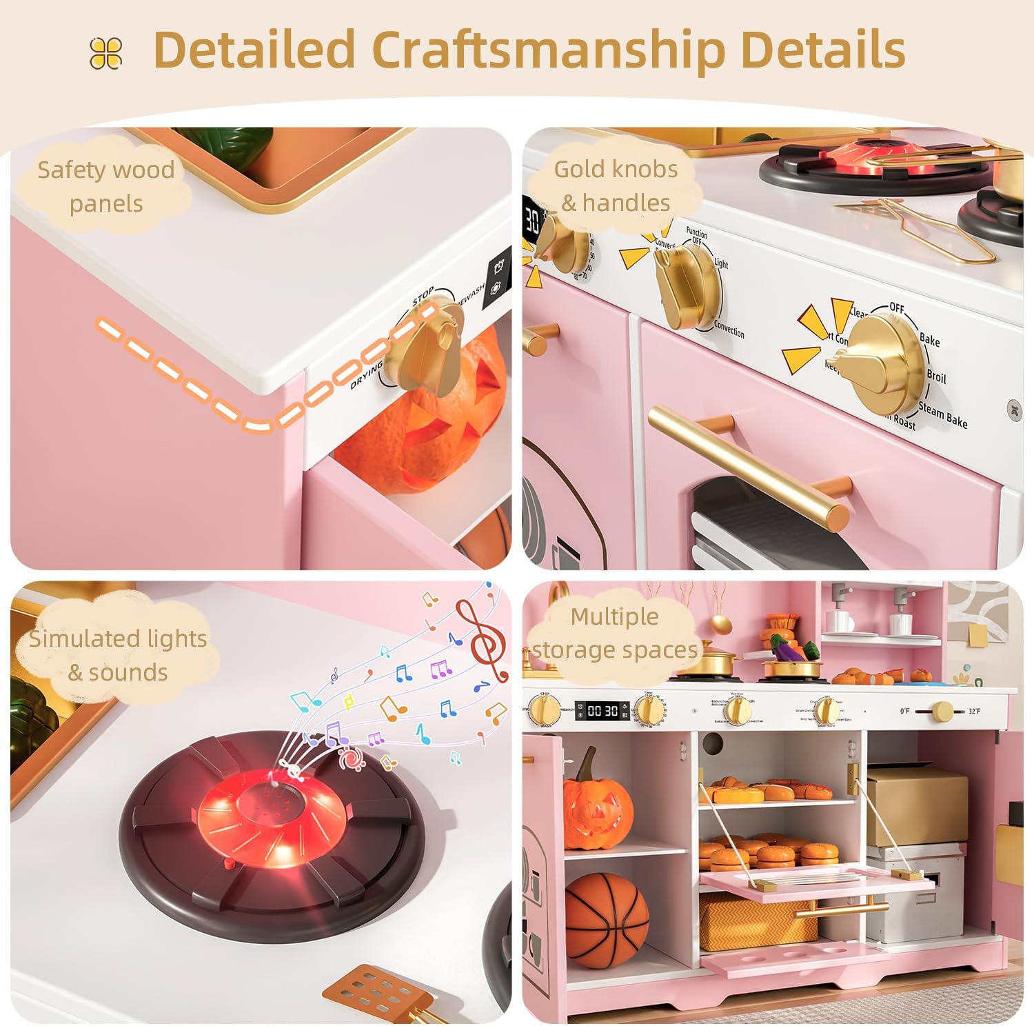 Wooden Play Kitchen for Toddlers, Kids Kitchen Playset with Realistic Lights and Sounds, 35.8 Inches Large Toy Kitchen for Girls and Boys Ages 3+. Cute Pink