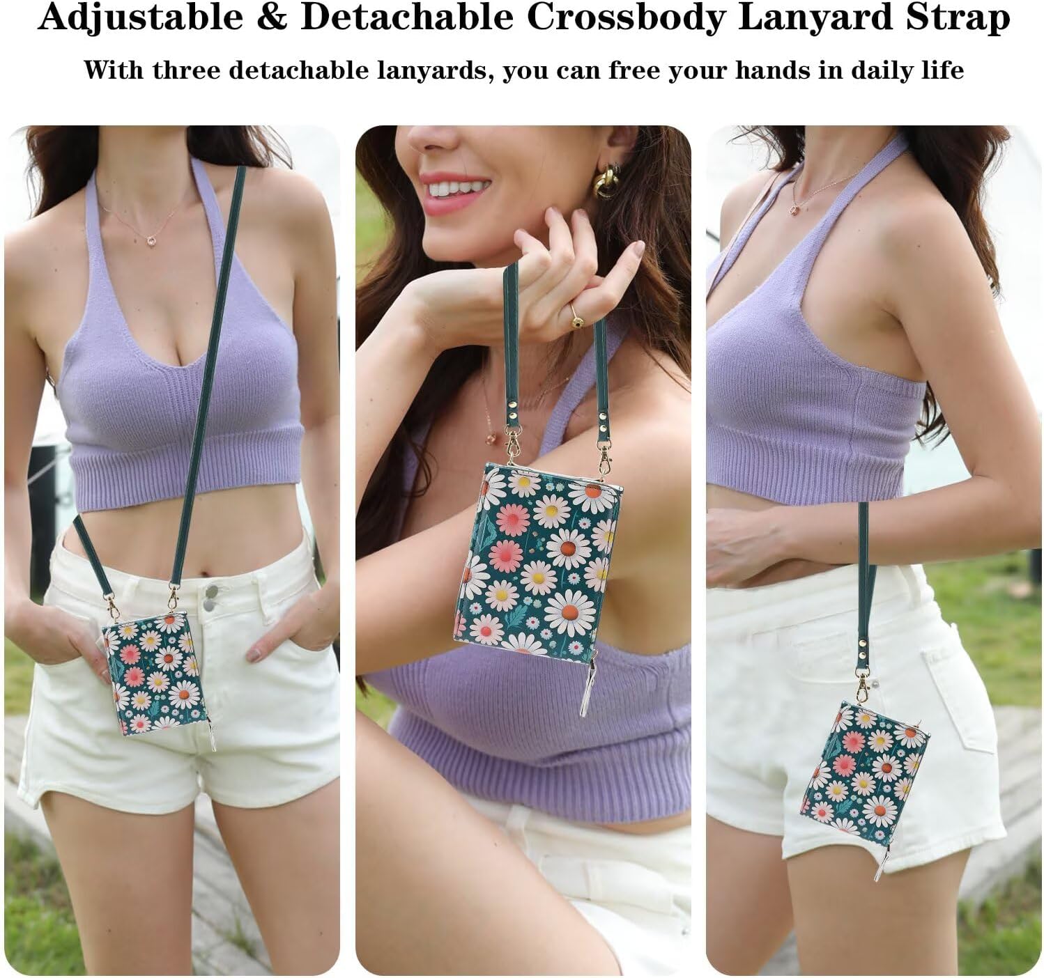 Phone Case for Samsung Galaxy Z Flip 7 Wallet Phone Cover, Zipper 8 Card Slots with Adjustable Crossbody Strap, PU Leather Fashion Card Holder Flower Pattern Cover for Women Green Daisy