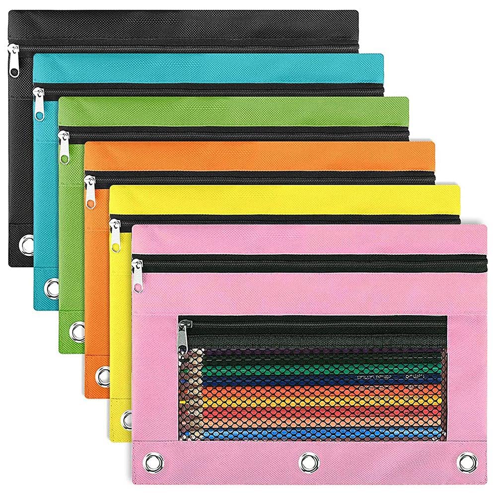 SNOWINSPRINGSNOWINSPRING Pencil Pouch for 3 Ring Binder, Binder Zipper Pouch, Pencil Case with Double Pocket and Mesh Window, 6 Pack 6 Colors