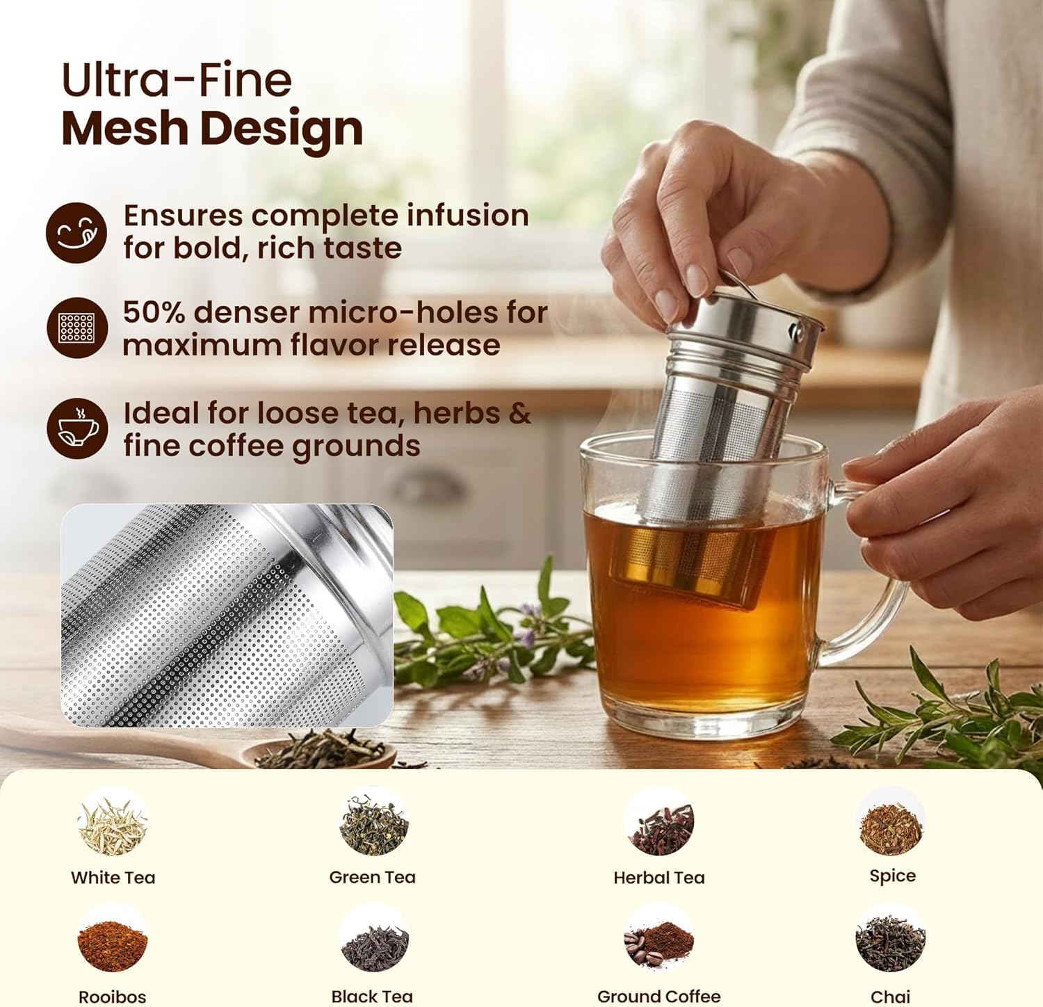 Lexlion Wasserflasche Tee-Ei für losen Tee – Wiederverwendbares & tragbares Edelstahl-Ei für Obst, Kaffee, grünen Tee, Eistee, Kräutertee, schwarzen Tee – runde Teesiebe & Filter – (1 Pack)