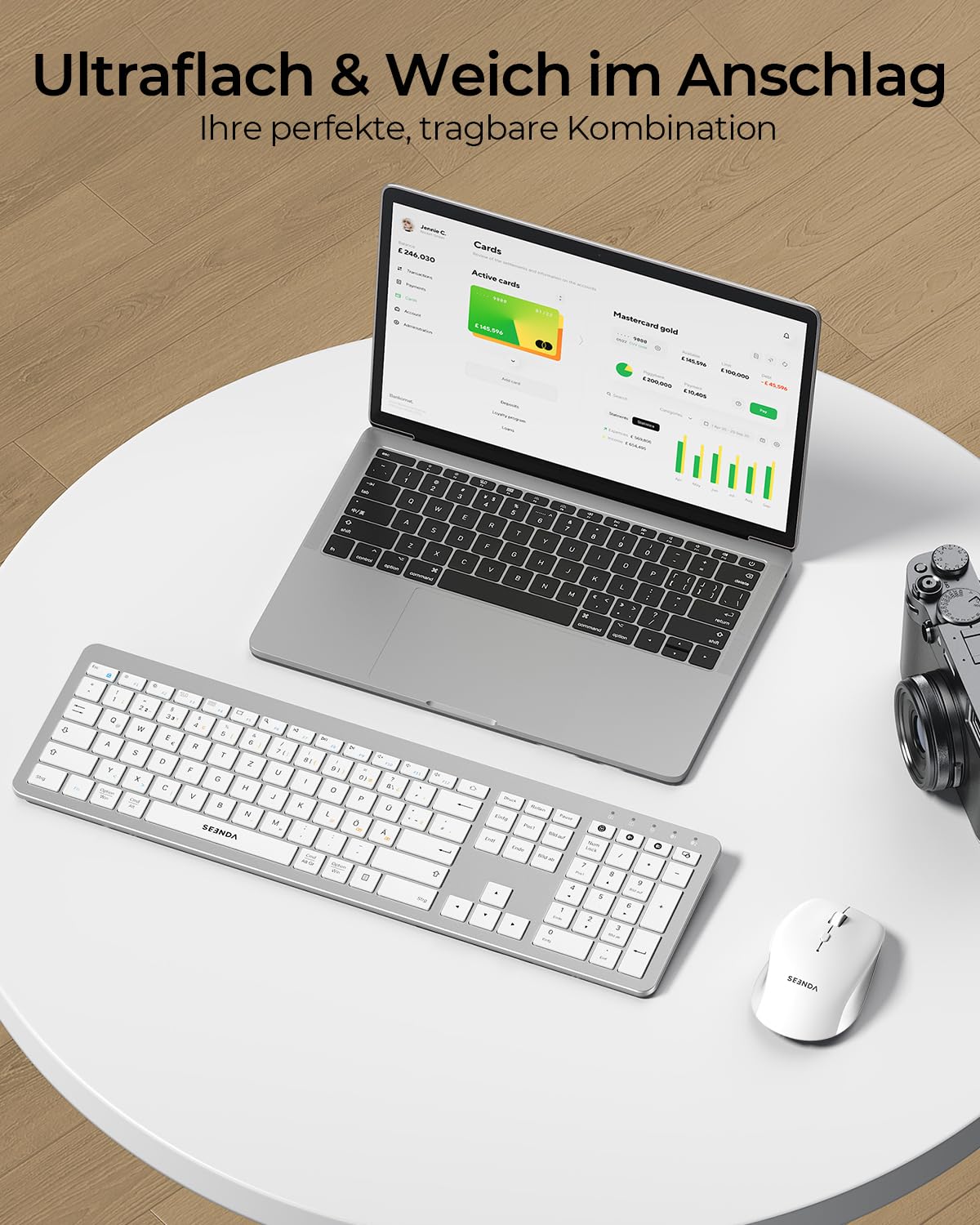 SEENDA Bezprzewodowy zestaw myszki do klawiatury, ultracienki, z podwójnym Bluetooth i USB 2,4 GHz dla 3 urządzeń – niemiecki układ QWERTZ dla Windows, Mac, iPad, laptopa i tabletu (biały i srebrny)