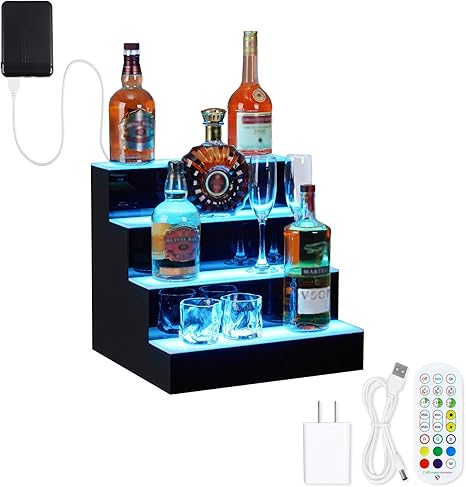 LED Liquor Bottle Display Shelf, 4 Tier 16 Inch Bar Display Shelf, Acrylic Wine Rack with Remote & App Control, 16 Static Colors ,1-4 H Timing, Bottle Stand Multi-Color Lighting Modes for Bars