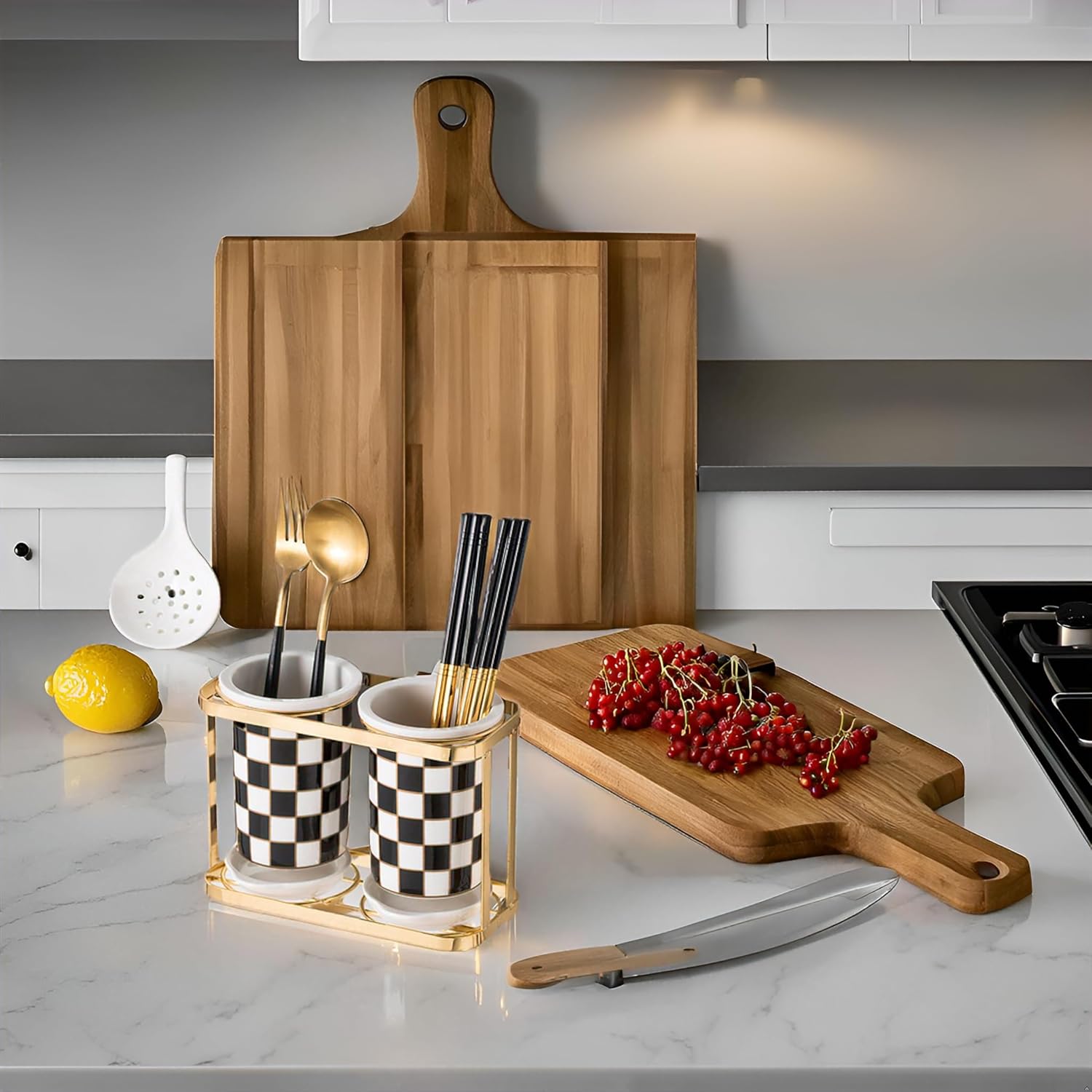 2 pcs Utensil Crocks，Checkered Utensil Holder, Ceramic Cooking Utensil With Layered Shelves，Spoon Spatula Holder for Countertop, Kitchen Decor and Accessories (Black)