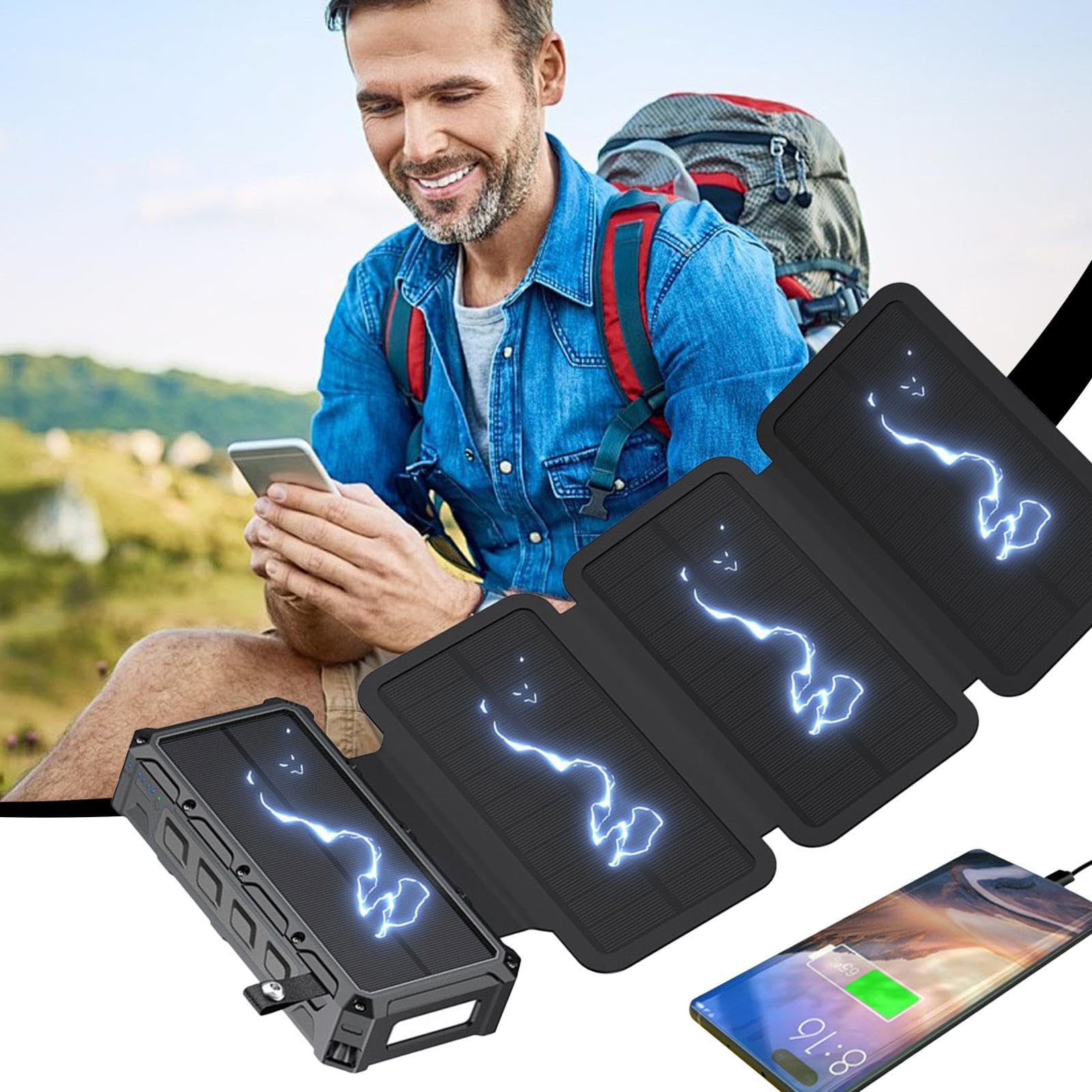 Power Bank Solare Luce LED Ricarica Wireless Dispositivi Elettronici | Power Bank Caricatore Telefono per Viaggi, Escursionismo, Campeggio, Pesca, Uomo, Donna, Ragazzi, , Ciclisti, Mamma