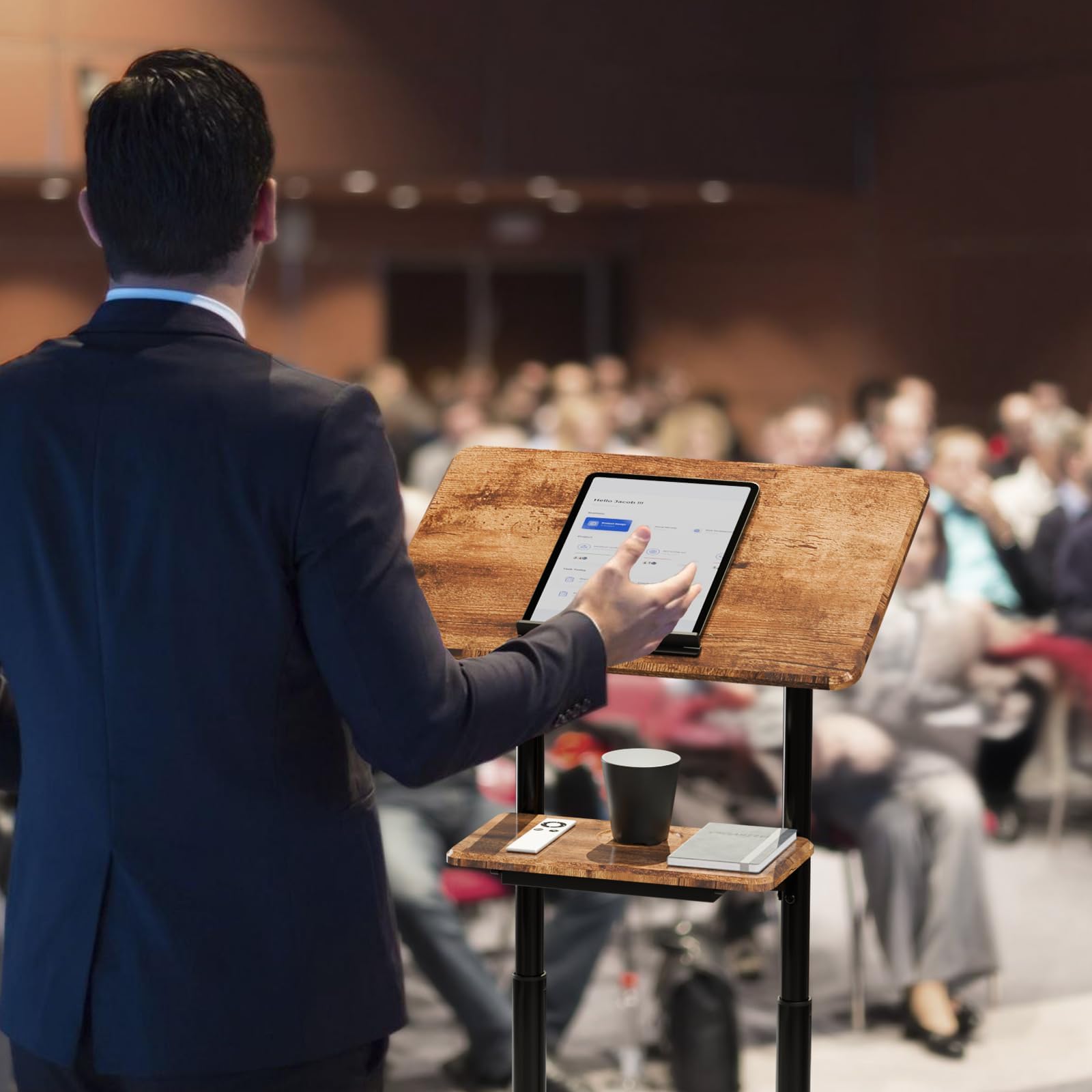 ETHU Stehpult Höhenverstellbar, Mobiler Laptop-Schreibtisch mit Kippbarem Tisch und Schubladen, Höhenverstellbarer Schreibtisch mit Rollen, Mobiles Rednerpult für Büro & Home, inkl. Tassenhalterung
