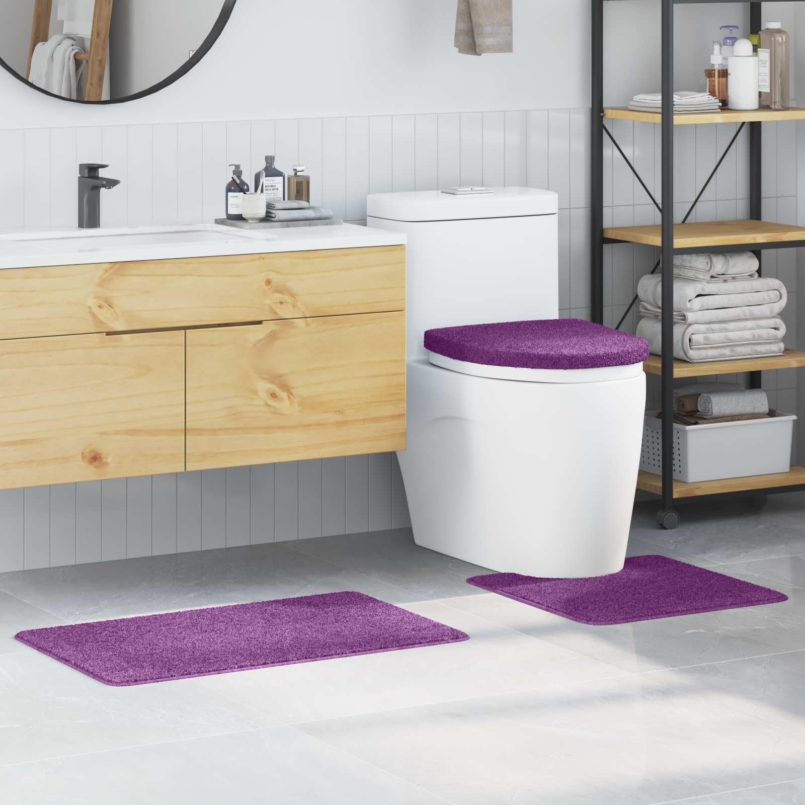 Anti-Rutsch Badematten Set 3-teilig Lila aus Polypropylen mit Rutschfester Latex-Rückseite und weicher Oberfläche, waschbar, schnelltrocknend, ideal für Badezimmer, Dusche, Badewanne
