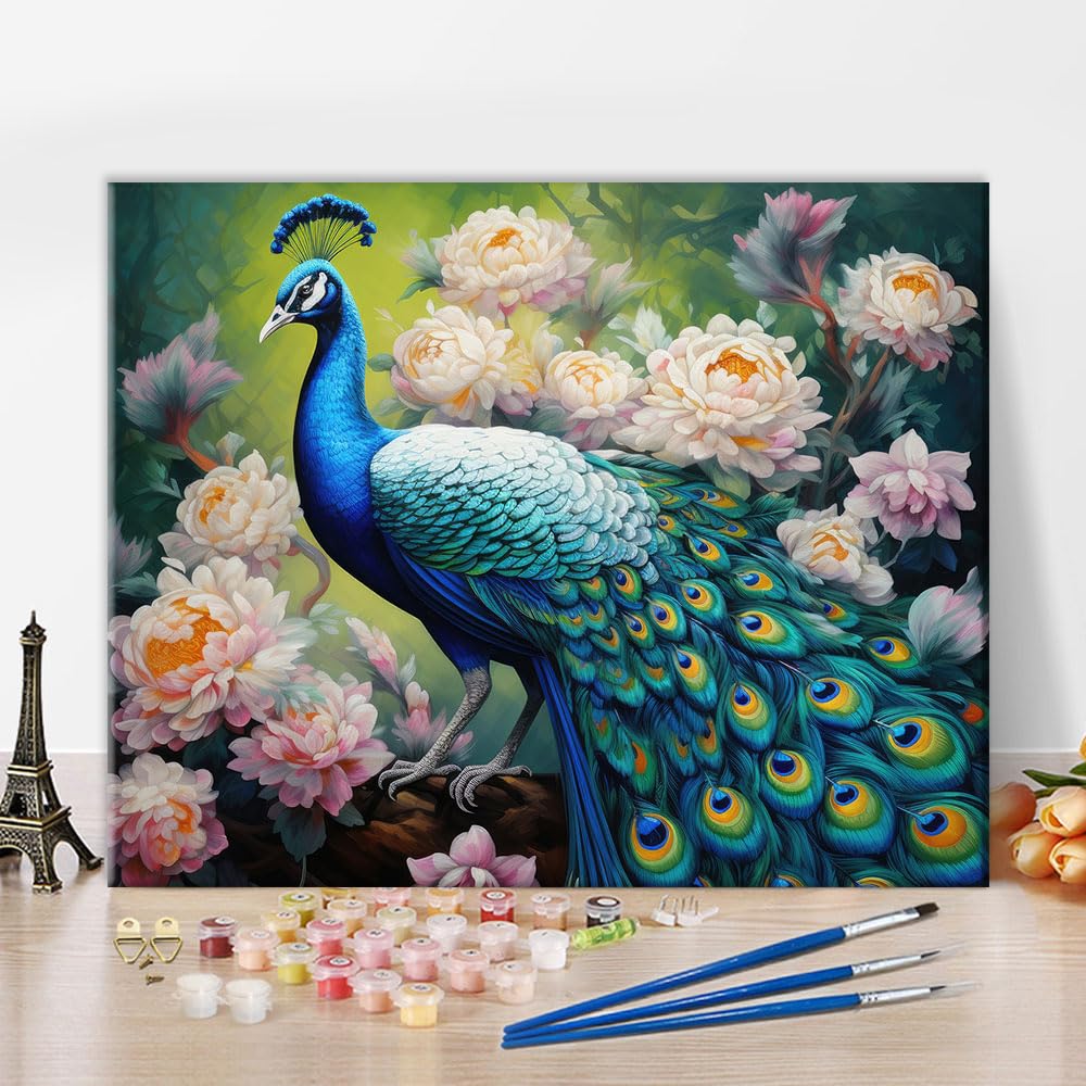 TISHIRON Paint by Numbers for Adults 40x50cm, DIY Acrylic Painting Kit on Artist-Grade Linen Canvas, Relaxing Mindfulness Craft for Home Wall Decor - Colorful Peacock (Without Frame)