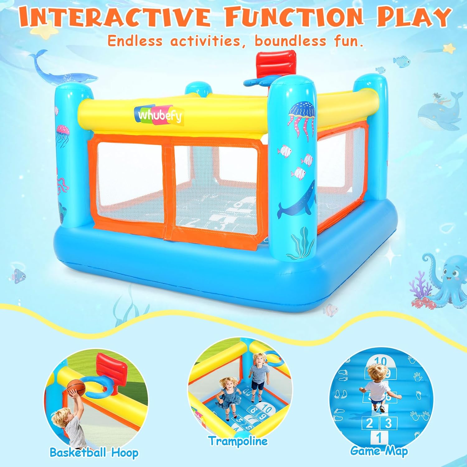 AKEYDIY Inflatable Bounce House for Kids, 67.7'' x 67.7'' x 44'' PVC Jumping House with Basketballn Hoop, Game Map, Indoor Outdoor Bouncy House for Toddlers 3-6 (Ocean Blue)