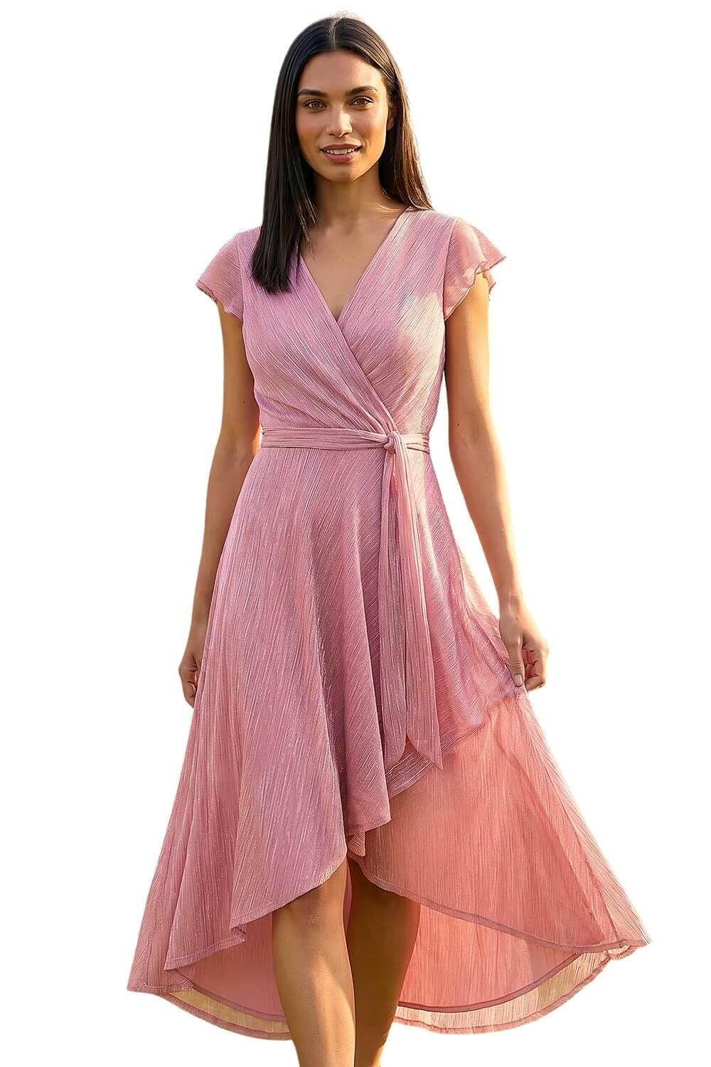Roman Originals Shimmer Plisse Wrap Dress for Women UK - Ladies Everyday Holiday Spring Summer V-Neckline Comfy Soft Evening Vacation Work Party - Pink - Size 18