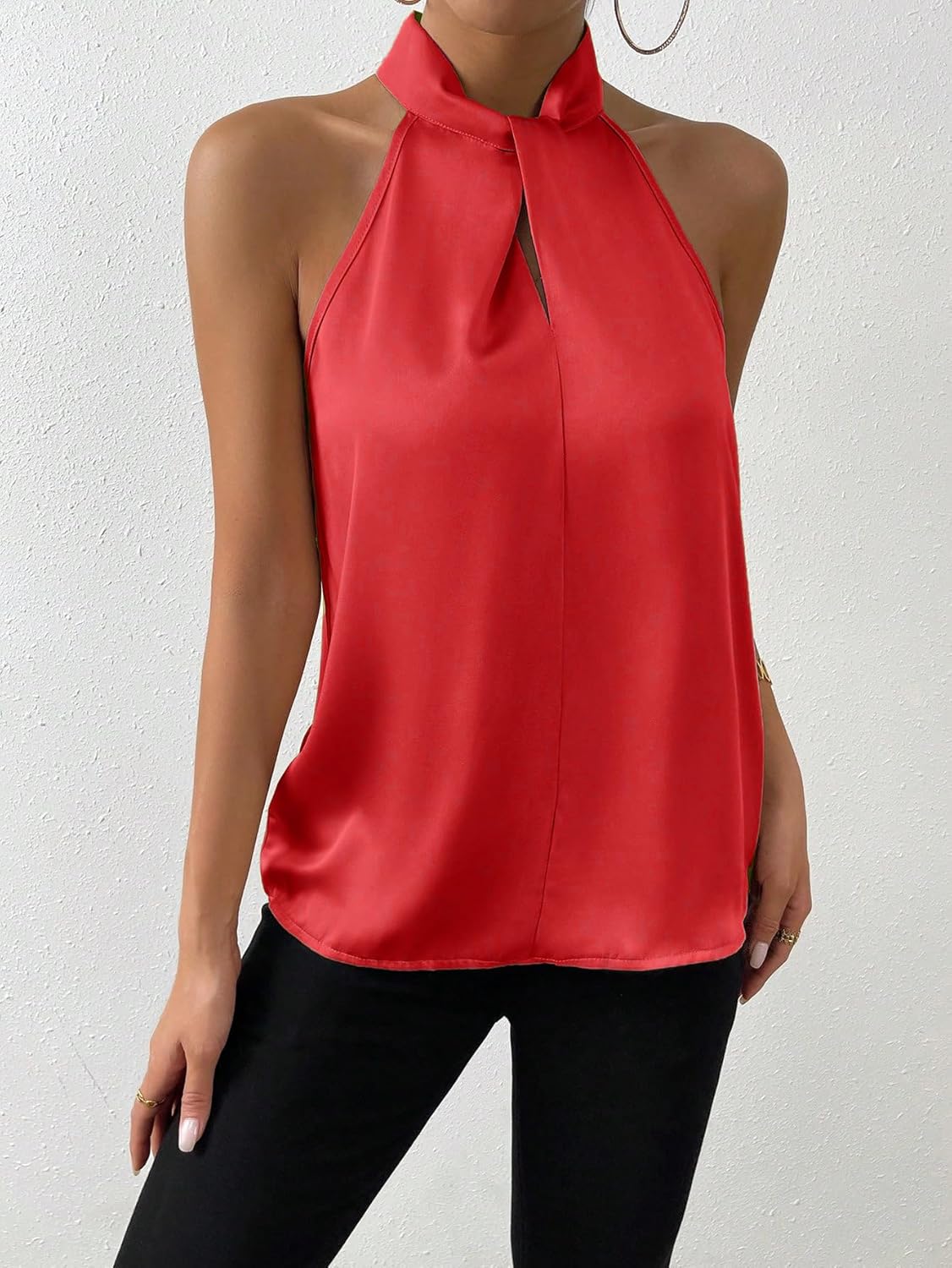 SweatyRocks Womens Elegant Twist Front Halter Sleeveless Satin Blouse Keyhole Back Tank Top - Image 5
