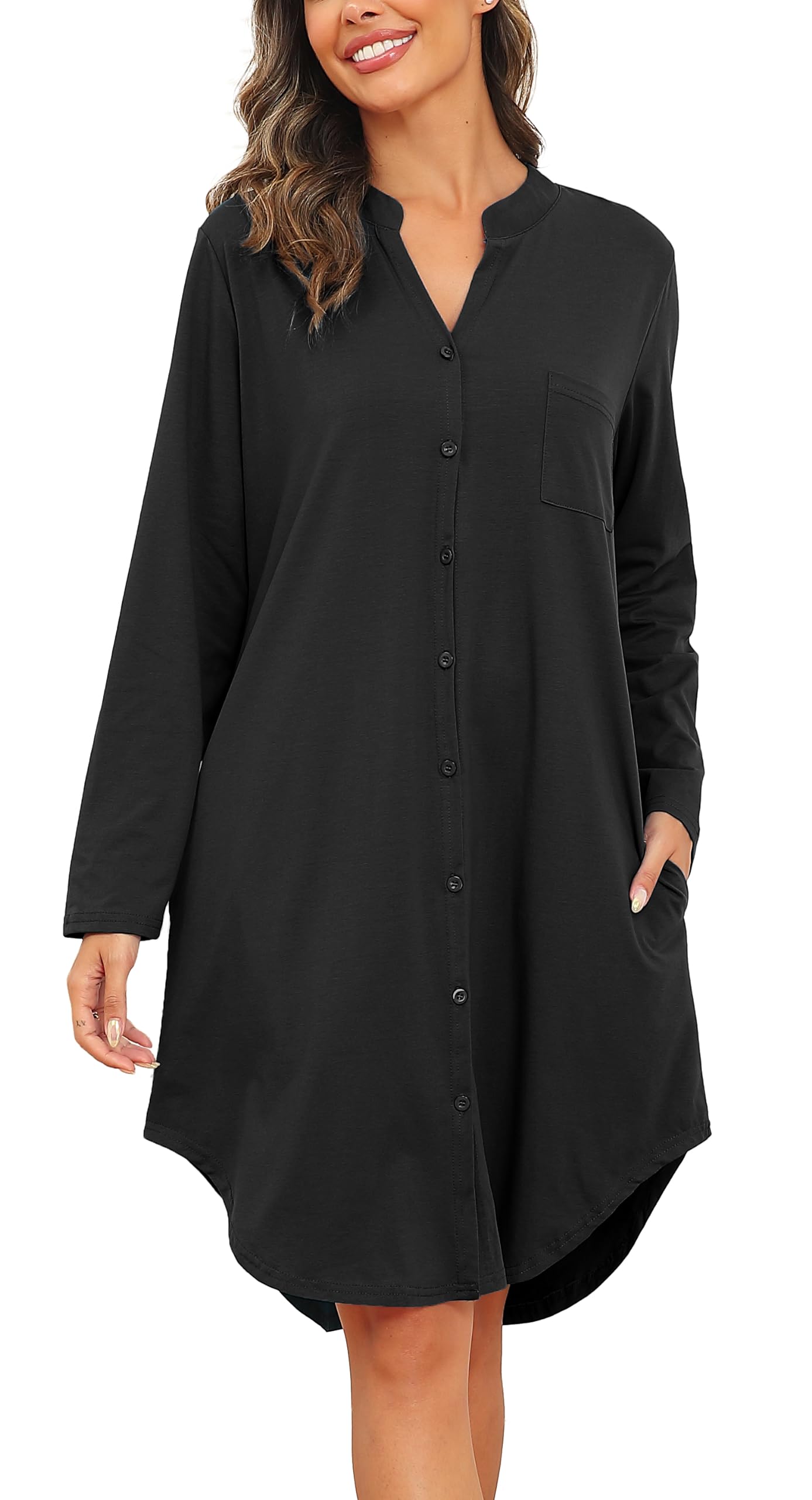 Vlazom Camisón de Cuello en V Camisón de Manga Larga de Algodón para Mujer Ropa de Dormir de Invierno con Botones y Bolsillos Laterales