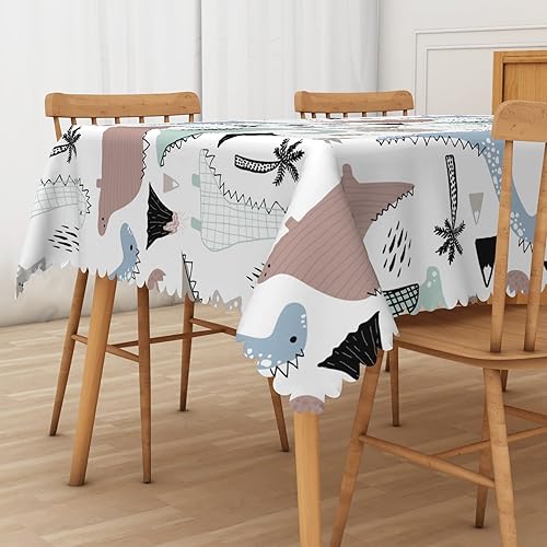 Miniatura 7 de Laeacco Mantel rectangular de animales de dibujos animados de 78 x 54 pulgadas, bonitos dinosaurios abstractos de grafiti, mantel rectangular con