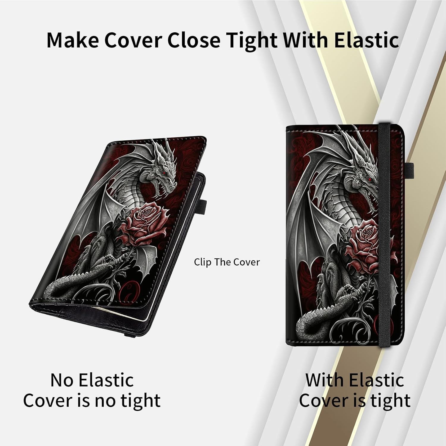 Checkbook Cover for Women Checkbook Holder Wallet,RFID Blocking Checkbook Case,Leather Men Check Book Holder Wallet with Elastic Strap Card Slots Pen Holder-Rose Dragon - Image 3