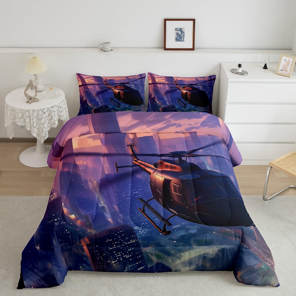 Castle Fairy 3D Helicopter Comforter Set Toddler Size Military Army Airplane Bedding Set Bedroom Decor City Buildling Quilt Set for Kids Boys Girls Sunset Scenery Duvet Insert 2Pcs